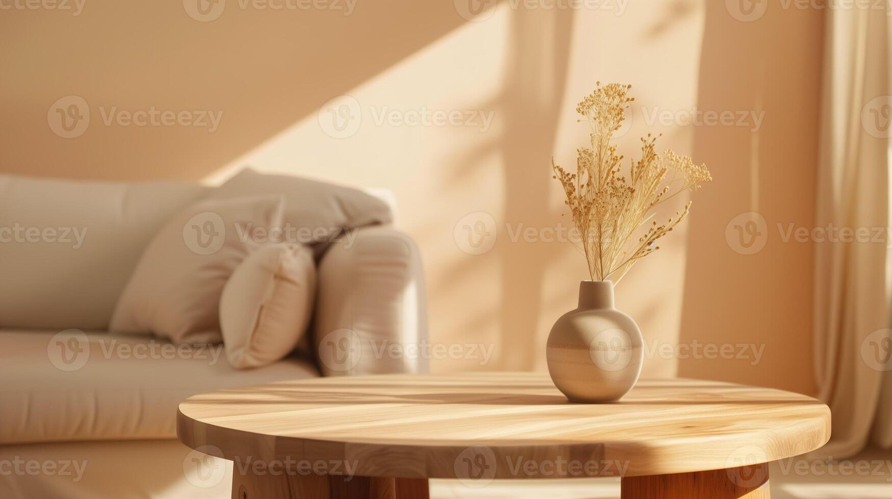 AI generated Close-up of living room with wooden coffee table with a vase of dried flowers and cozy sofa. Interior in beige colors, soft sunlight and shadows. photo