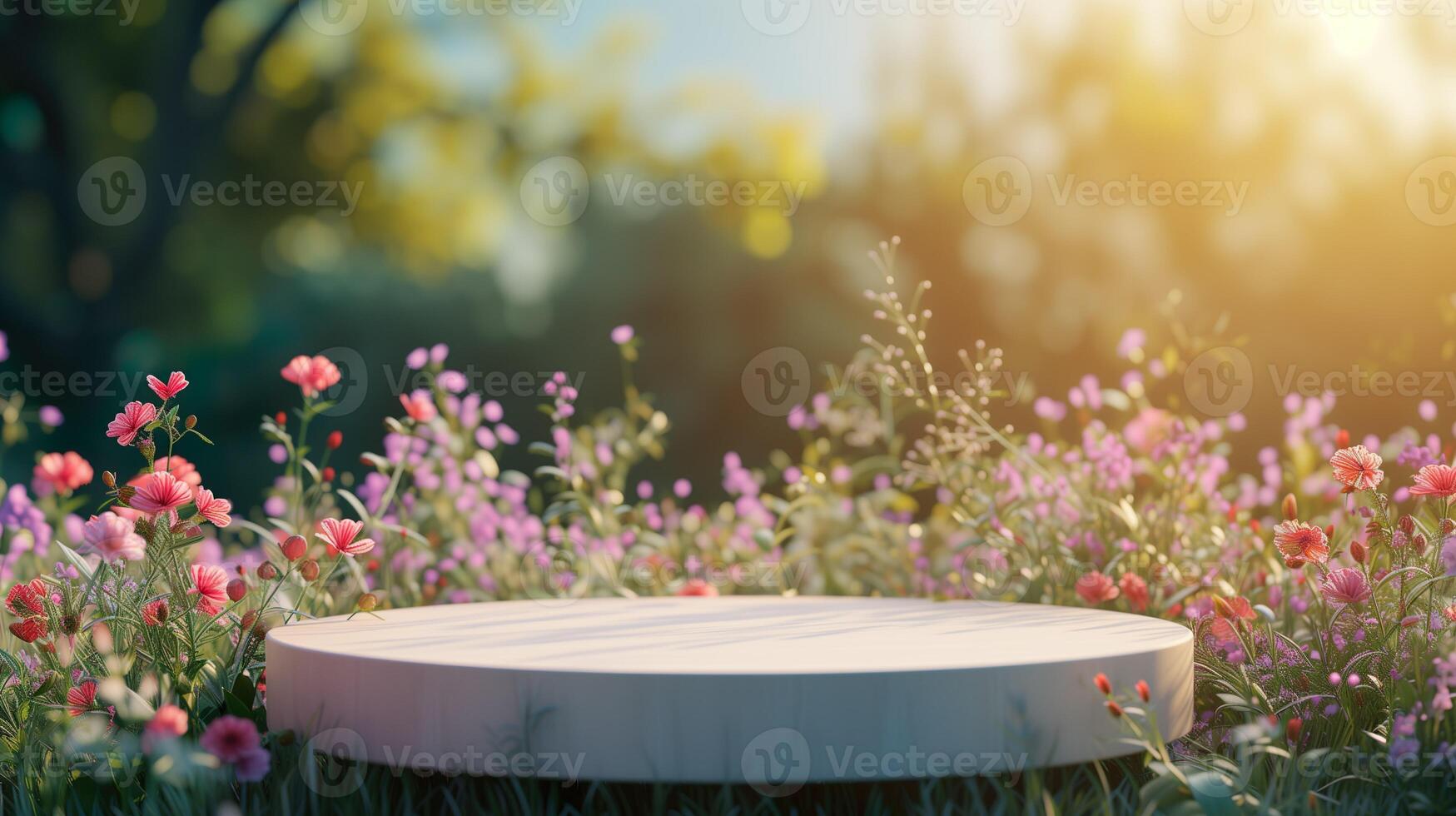 AI generated Background scene with empty wooden podium platform and blurred spring flowers field. Beauty product display. Organic Natural concept. Mock up, Spa. photo