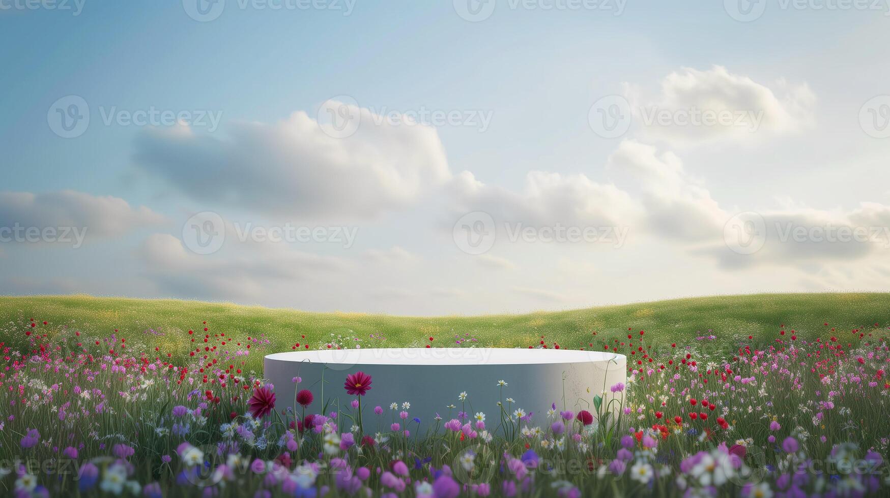 AI generated Blank product display podium with summer flowers field meadow on background. Beauty skincare cosmetics presentation. Organic natural concept. photo
