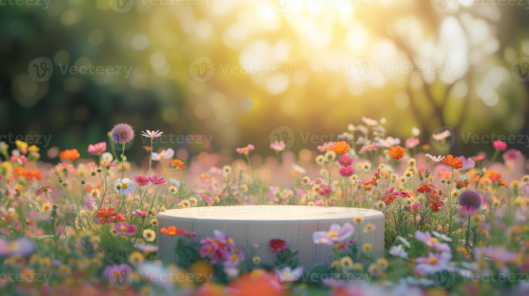 AI generated Background scene with empty wooden podium platform and blurred spring flowers field. Beauty product display. Organic Natural concept. Mock up, Spa. photo