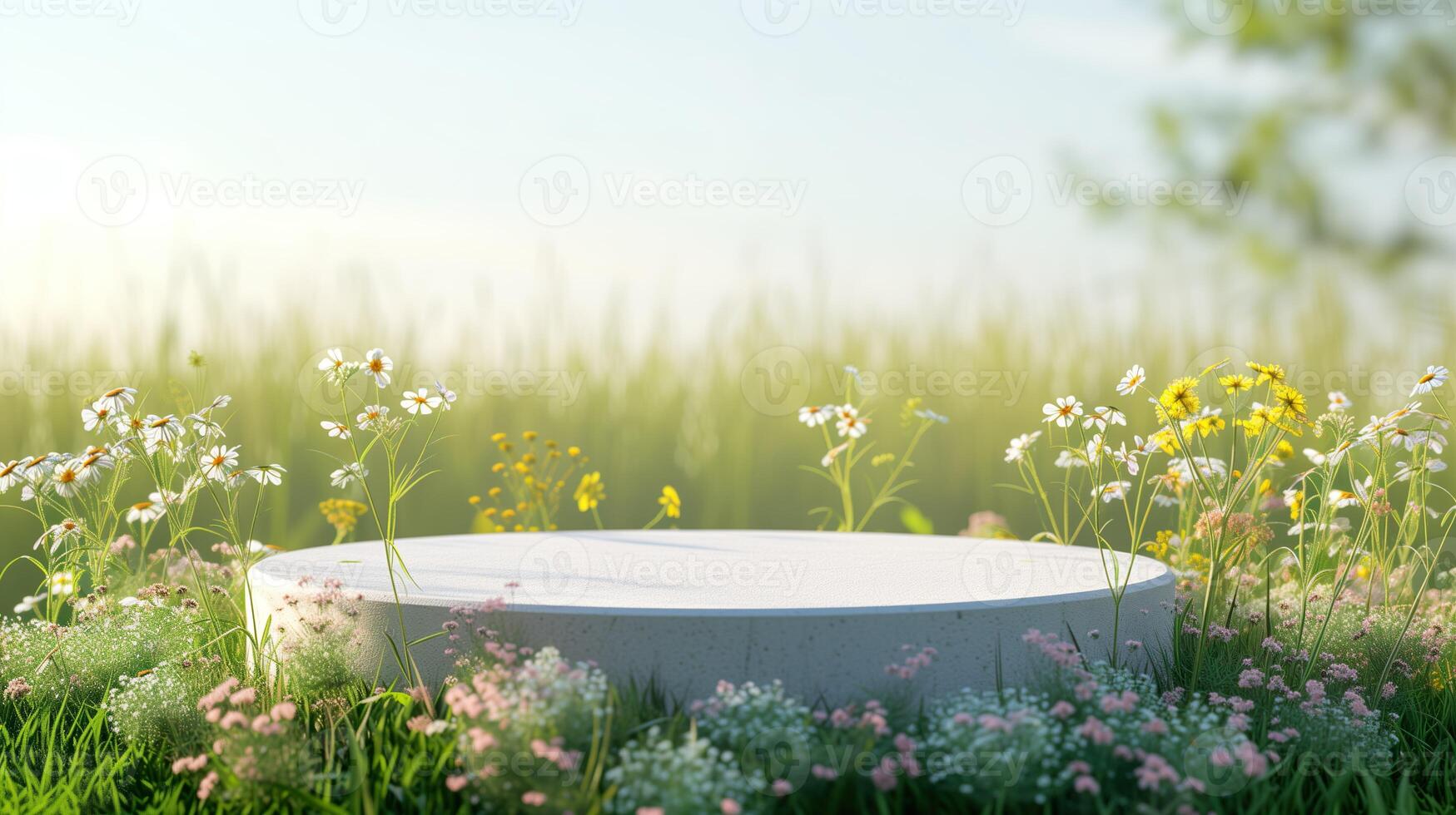 AI generated Background scene with empty wooden podium platform and blurred spring flowers field. Beauty product display. Organic Natural concept. Mock up, Spa. photo