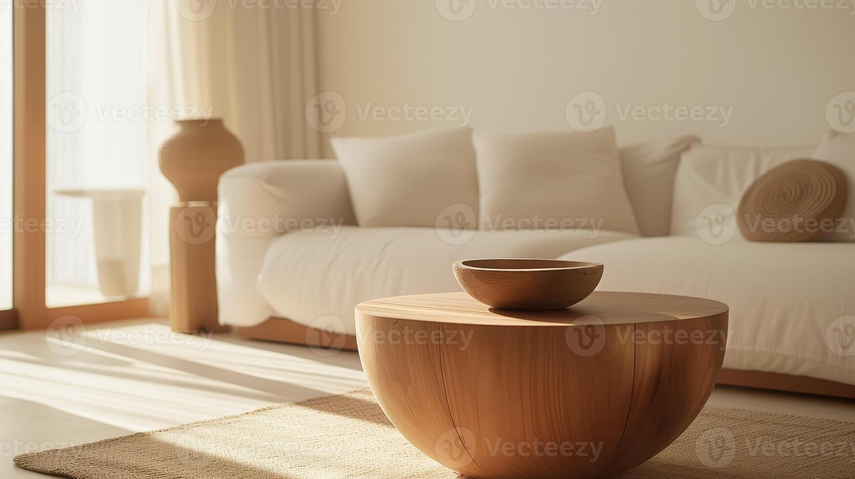 AI generated Living room with wooden round table with an empty bowl and cozy sofa with white pillows. Minimal interior in beige natural colors, soft sunlight and shadows. photo