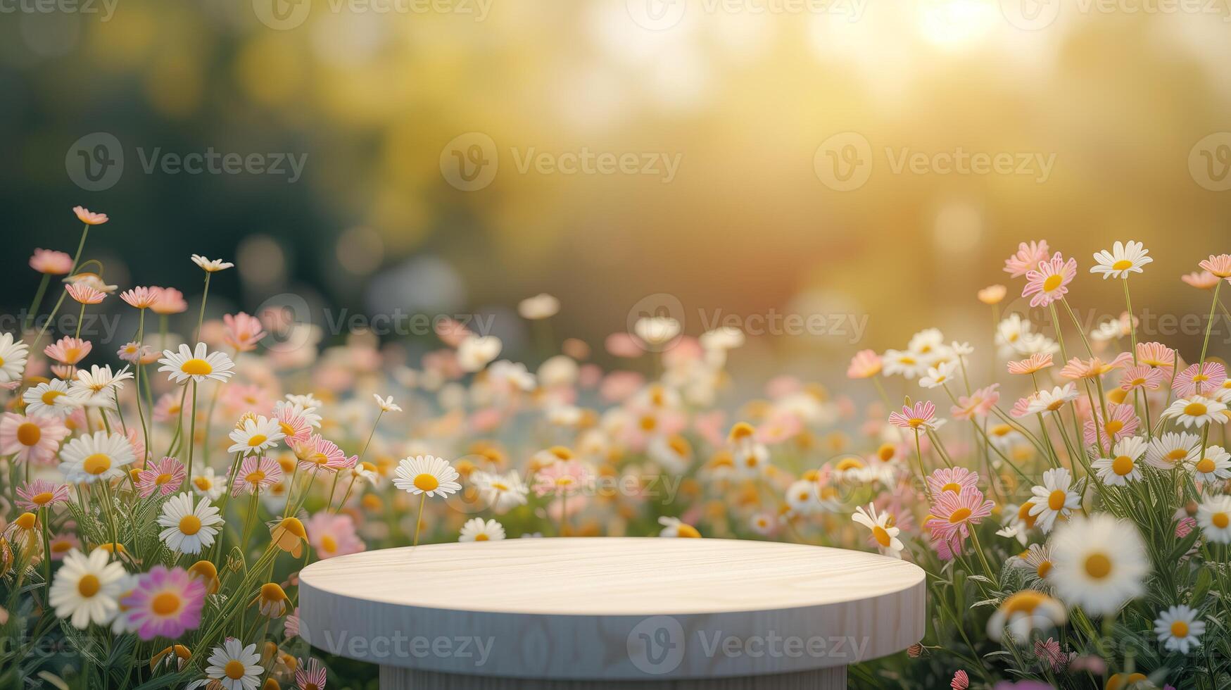 AI generated Background scene with empty wooden podium platform and blurred summer flowers field. Beauty product display. Organic Natural concept. Mock up, Spa. photo