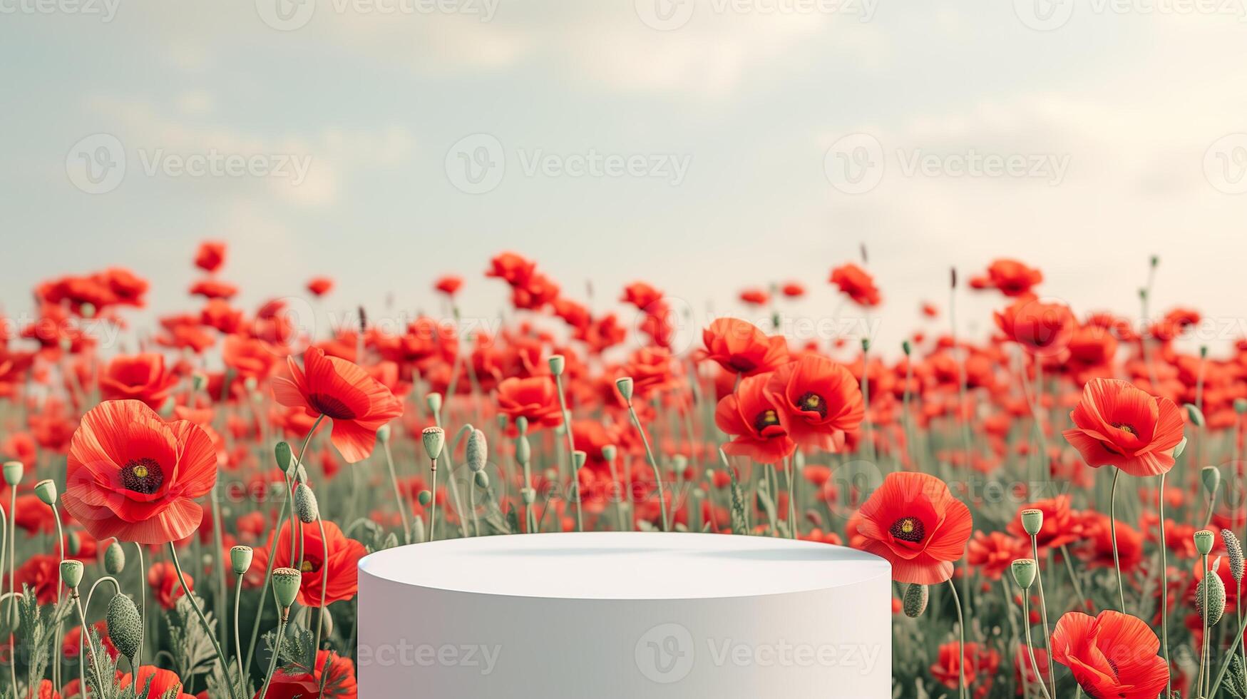 AI generated Background scene with empty white podium platform and red poppies. Beauty product display. Organic Natural concept. Mock up, Spa. photo