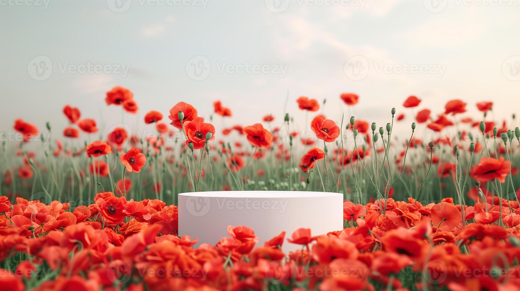 AI generated Empty product display, white podium with field of blooming red poppies on background. 3D stage showcase, beauty skincare cosmetics concept presentation. photo