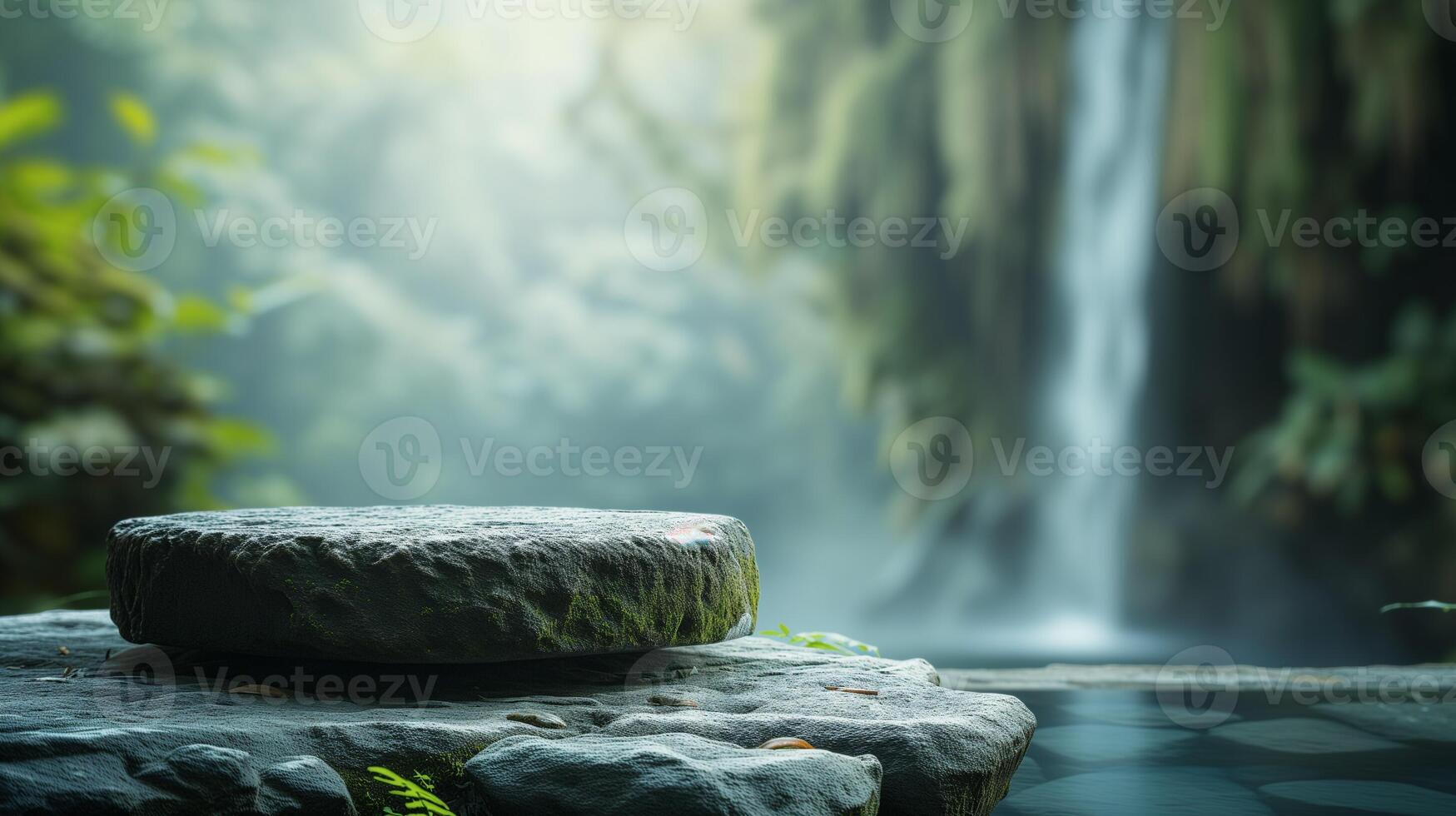 AI generated Empty product podium from rock. Cylinder stand concept. Blurred Bali nature with waterfall background, beauty skincare, technology products display. photo