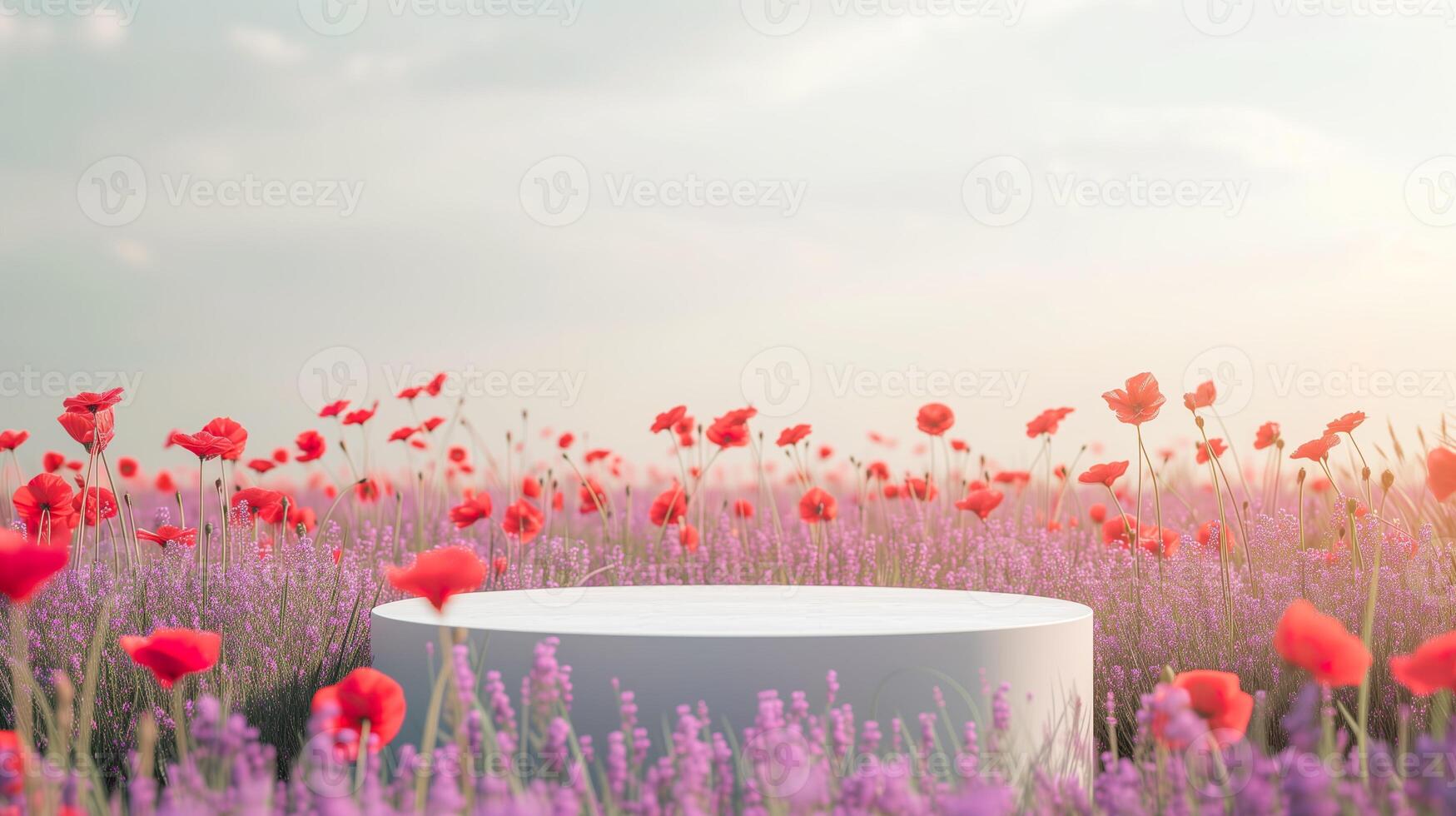 AI generated Empty product display, white podium with field of blooming red poppies on background. 3D stage showcase, beauty skincare cosmetics concept presentation. photo