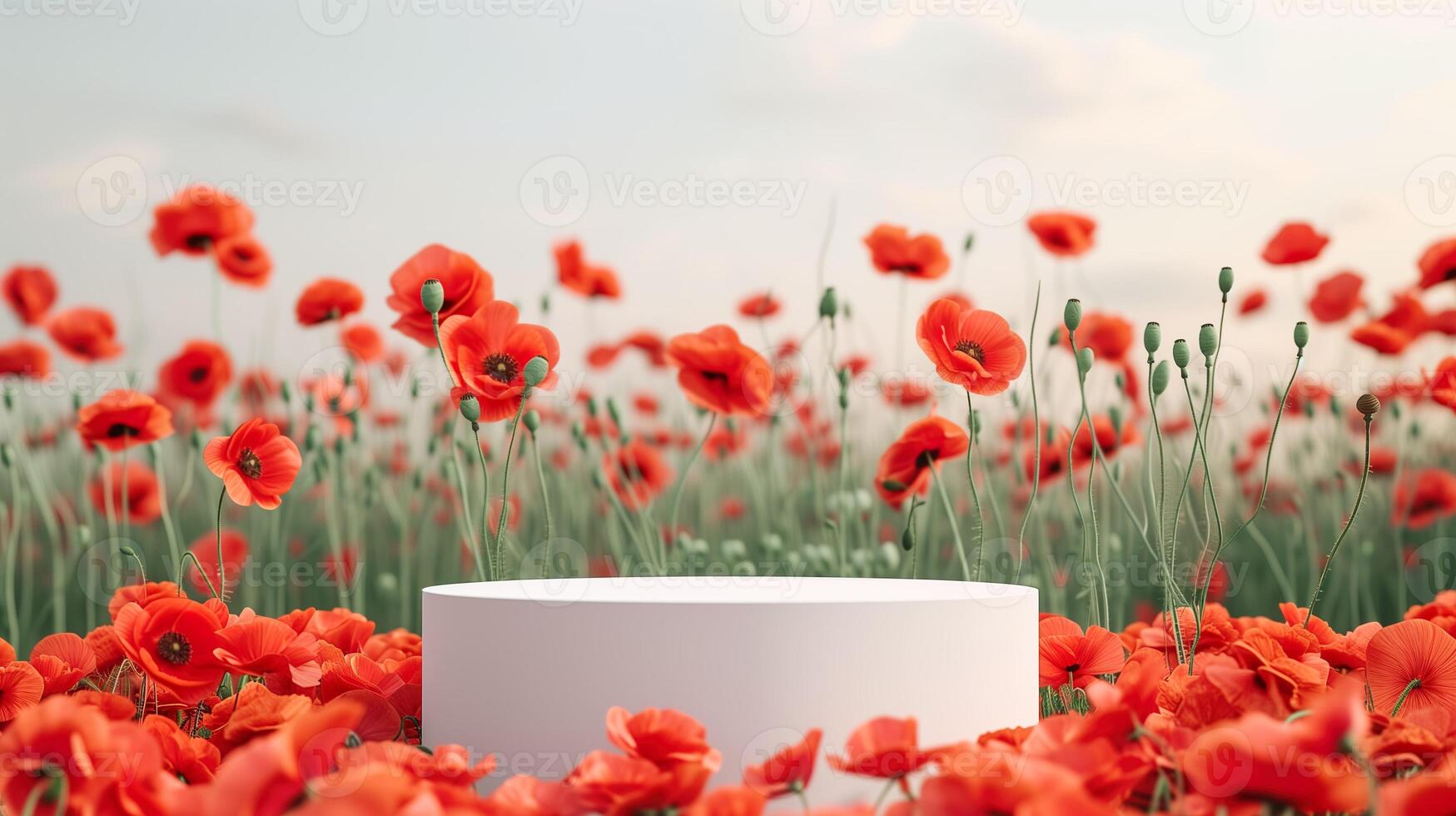 AI generated Blank product display podium with blooming red poppies field on background. Beauty skincare cosmetics presentation. Organic natural concept. photo