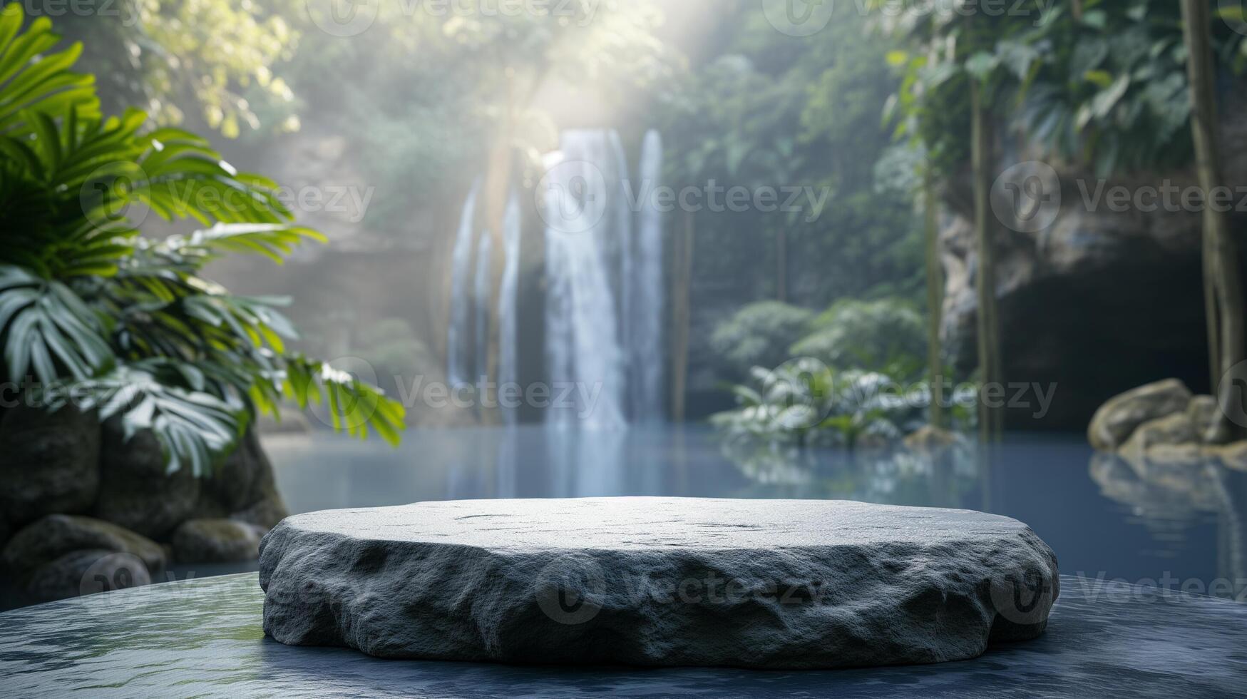 AI generated Empty product podium from rock. Cylinder stand concept. Blurred Bali nature with waterfall background, beauty skincare, technology products display. photo