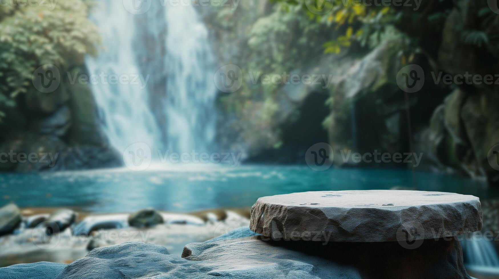 AI generated Blank product podium from rock. Cylinder stand concept. Blurred Bali nature with waterfall background, beauty skincare, technology products display. photo