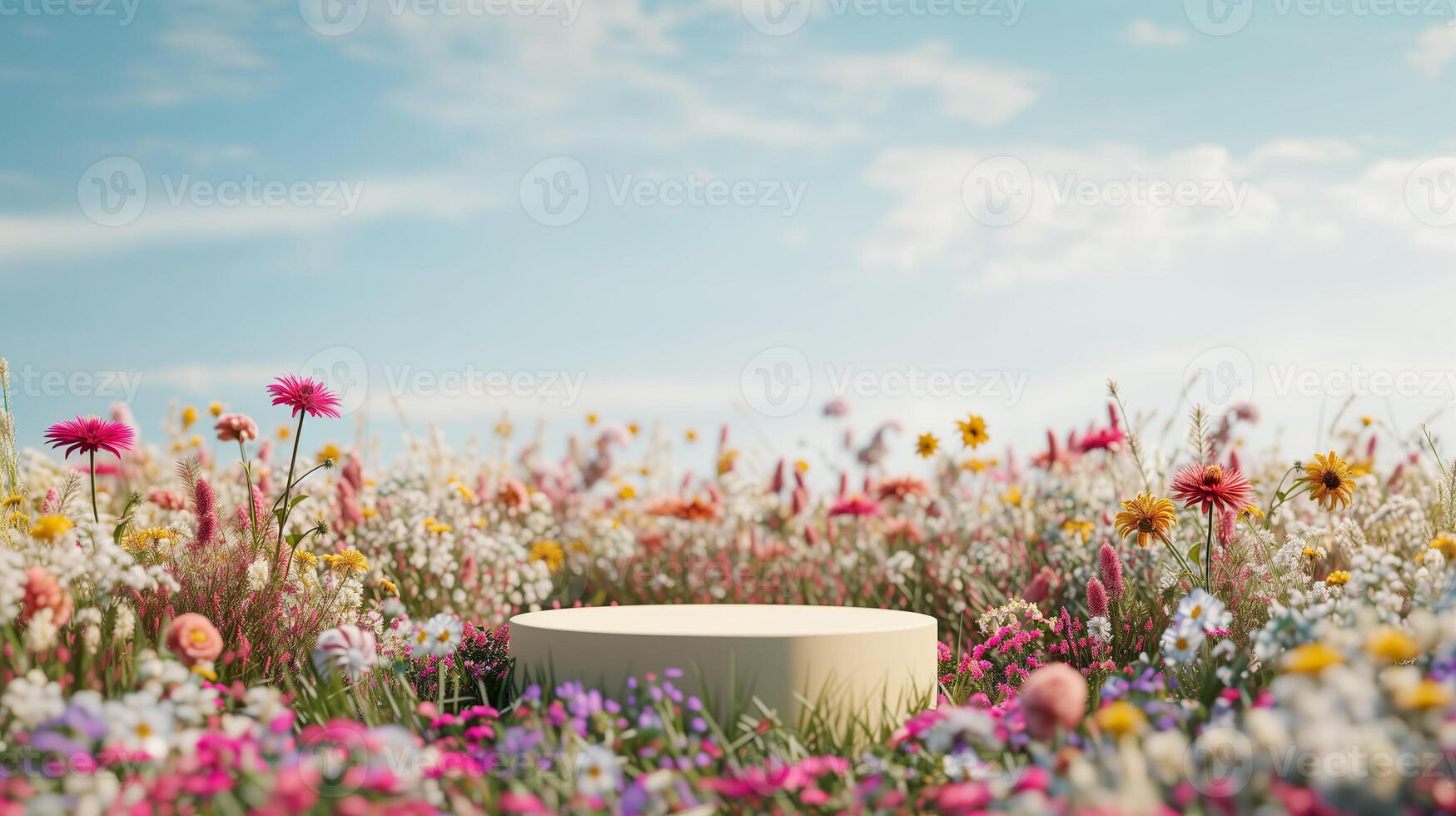 AI generated Background scene with empty wooden podium platform and blurred summer flowers field. Beauty product display. Organic Natural concept. Mock up, Spa. photo