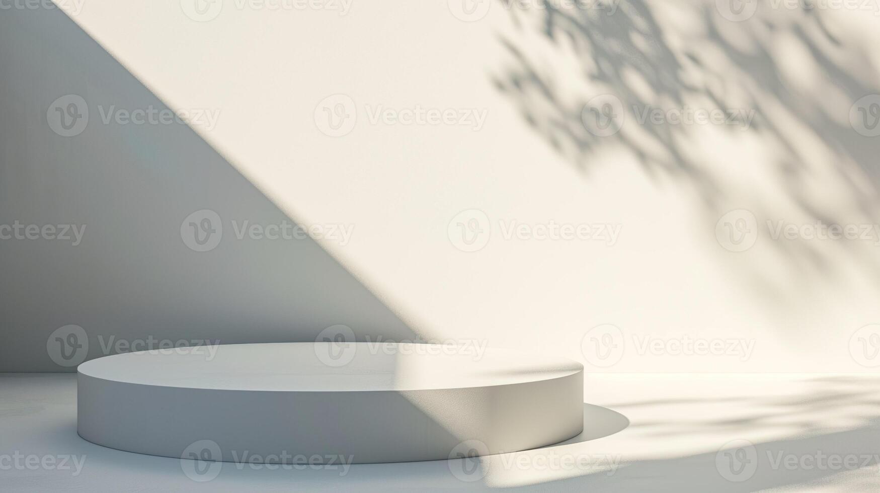 AI generated Empty white product podium. Clean white interior scene background with sunlight and foliage shadow. Beauty skincare, technology products display. Pedestal stage. photo