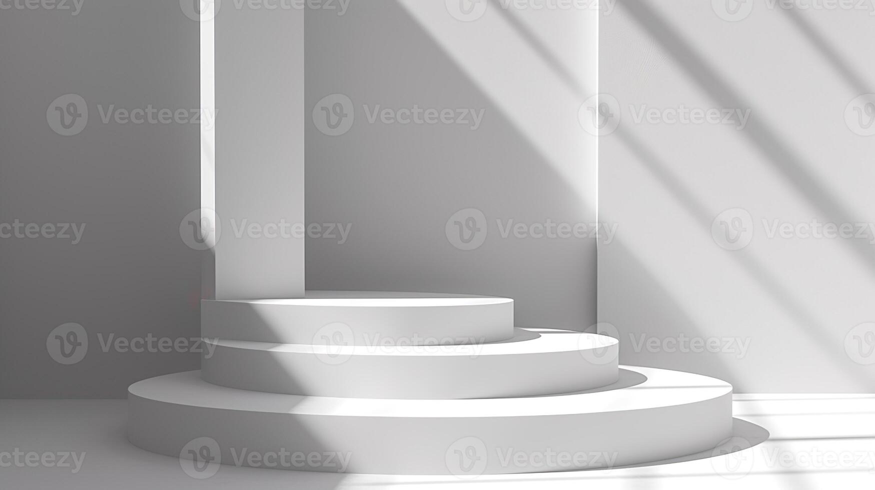 AI generated Blank white product podium. Clean white interior scene background with sunlight and shadow. Beauty skincare, technology products display. Pedestal stage. photo