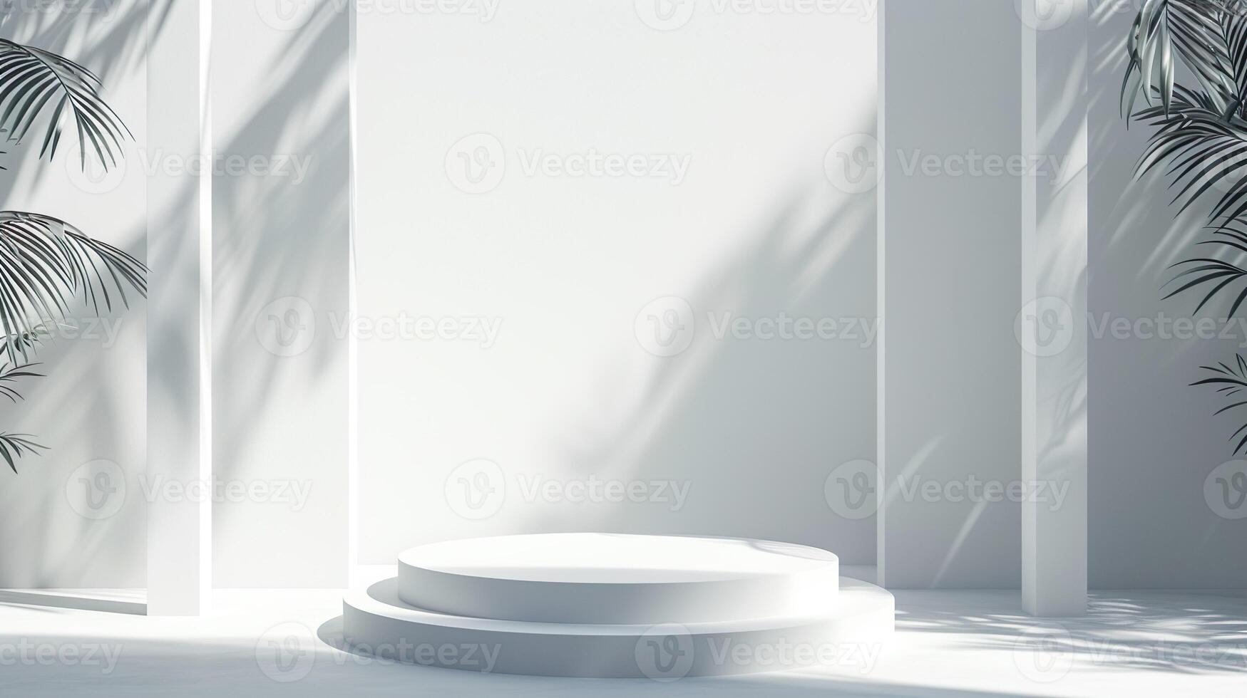 AI generated Blank white product podium. Clean white interior scene background with sunlight and foliage shadow. Beauty skincare, technology products display. Pedestal stage. photo