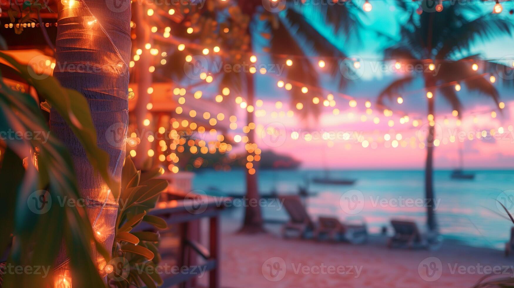 AI generated Blurred beach bar background at sunset. Bar top and chairs, palm trees, warm string lights, with ocean waves and a colorful sky. photo