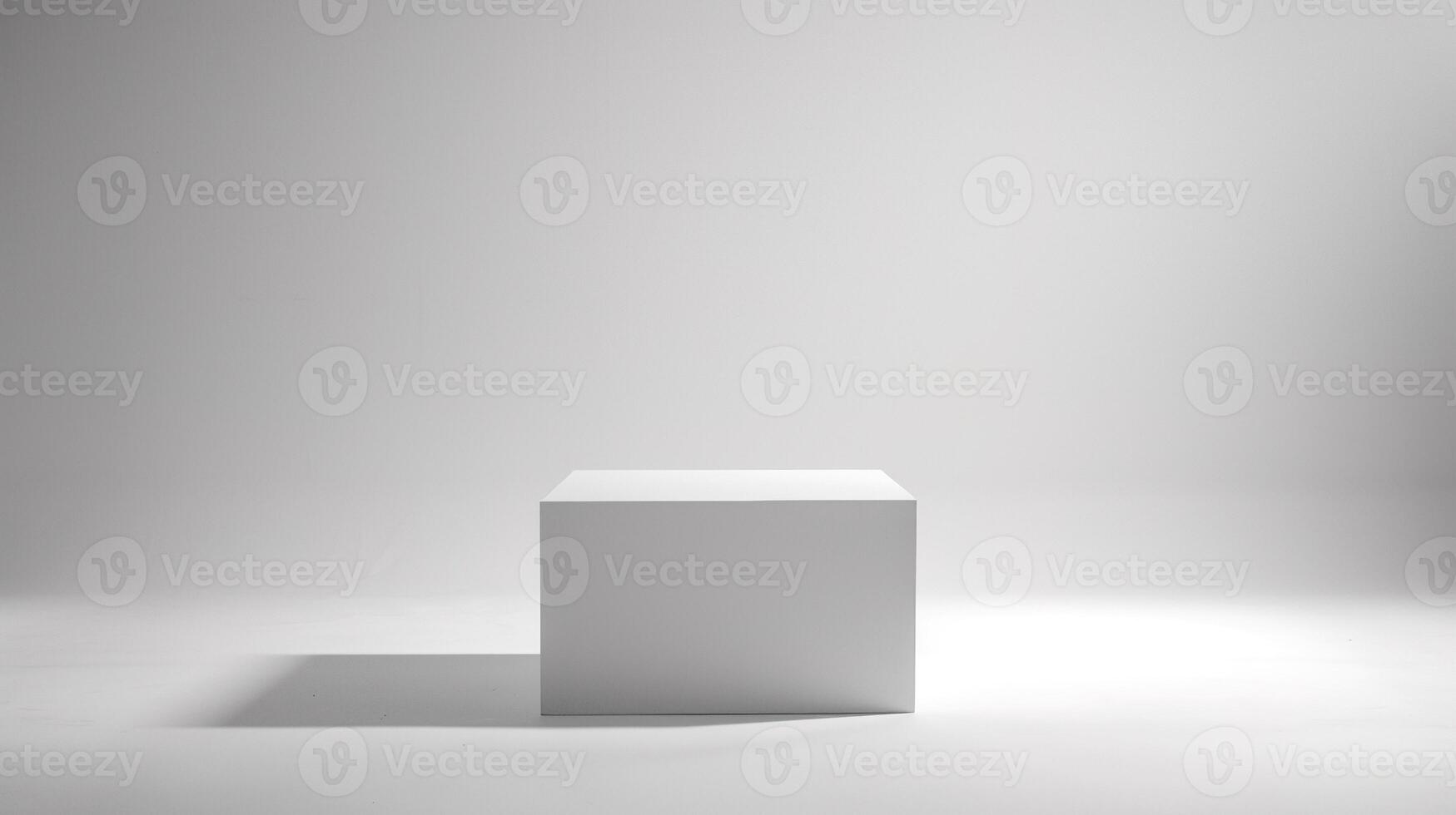 AI generated Empty white cube product podium. Clean white interior scene background. Sunlight shadows. Beauty skincare, technology products display pedestal stage. photo