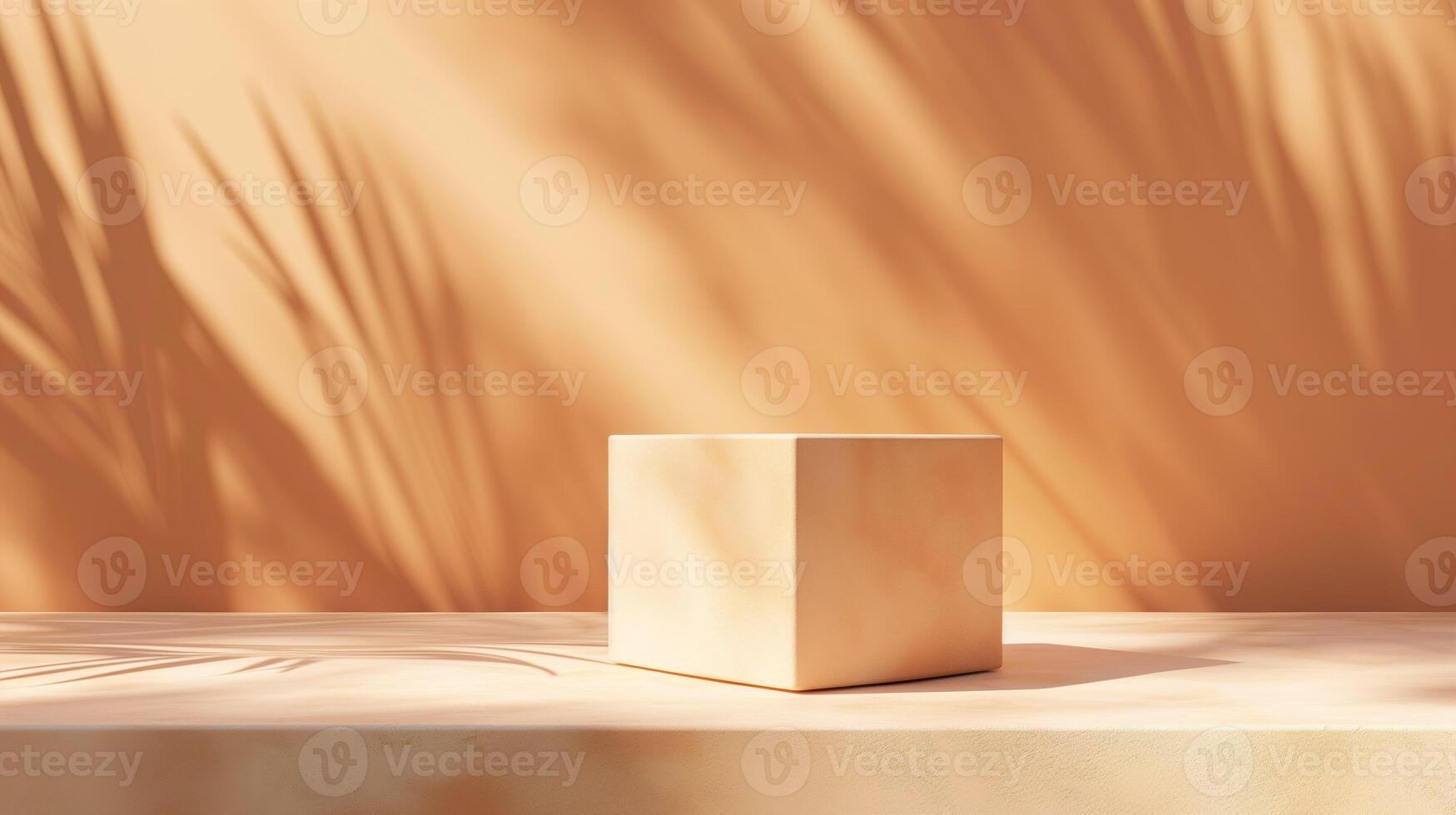 AI generated Blank beige pastel color product podium. Clean interior scene background with sunlight and foliage shadow. Beauty skincare, technology products display. Pedestal stage. photo
