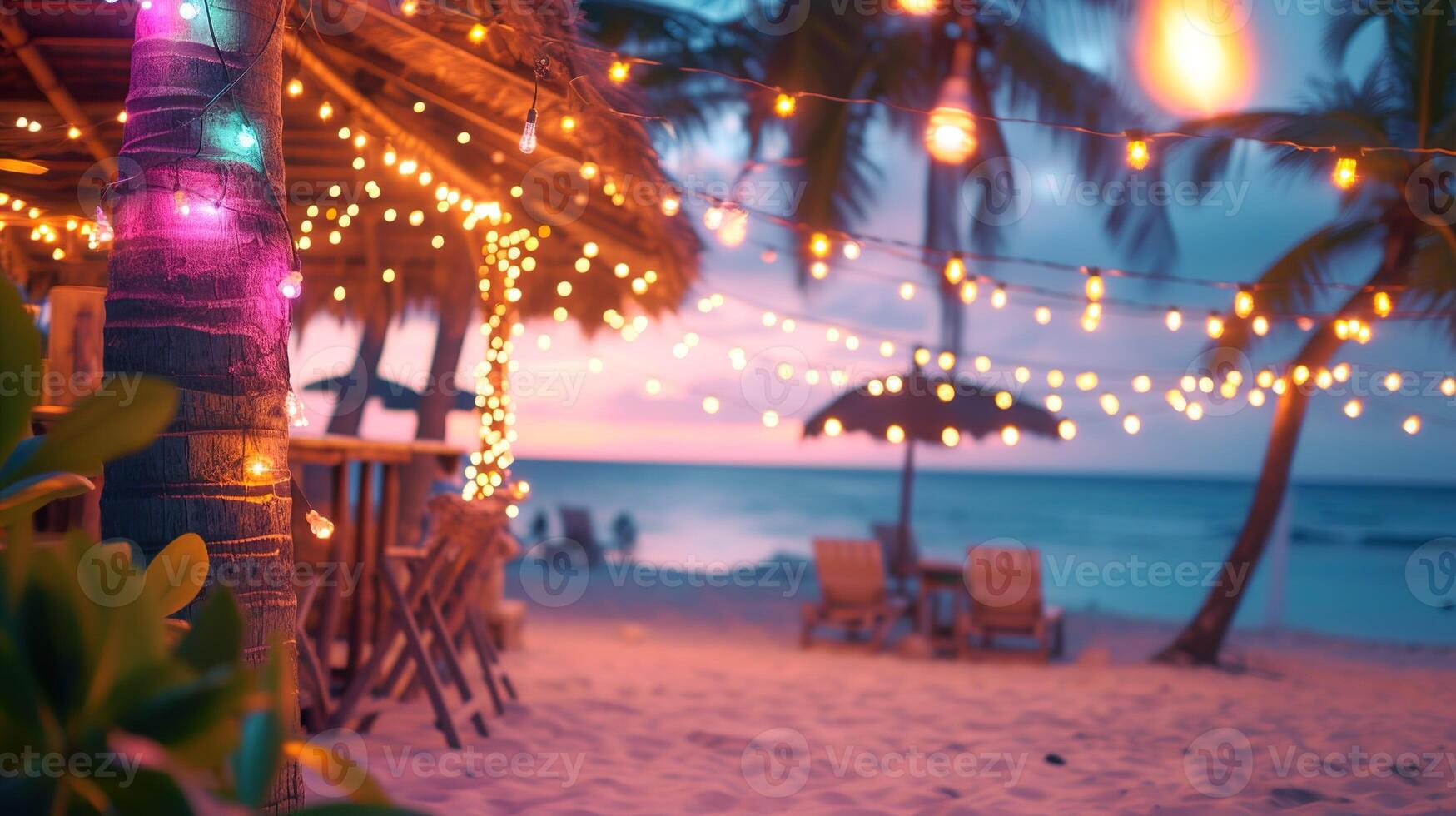 AI generated Blurred dusk beach bar background. Chairs, palm trees, warm string lights, with ocean waves and a colorful sky. photo
