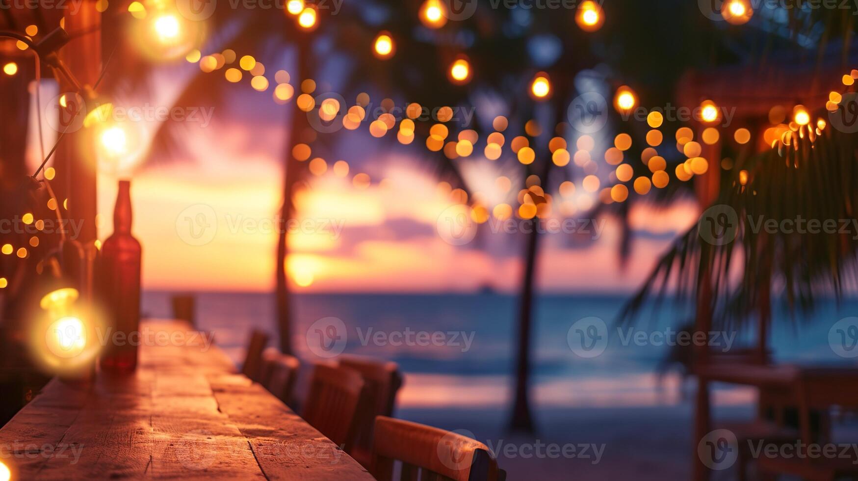 ai generado borroso playa bar antecedentes a puesta de sol. bar parte superior y sillas, palma árboles, calentar cuerda luces, con Oceano olas y un vistoso cielo. foto