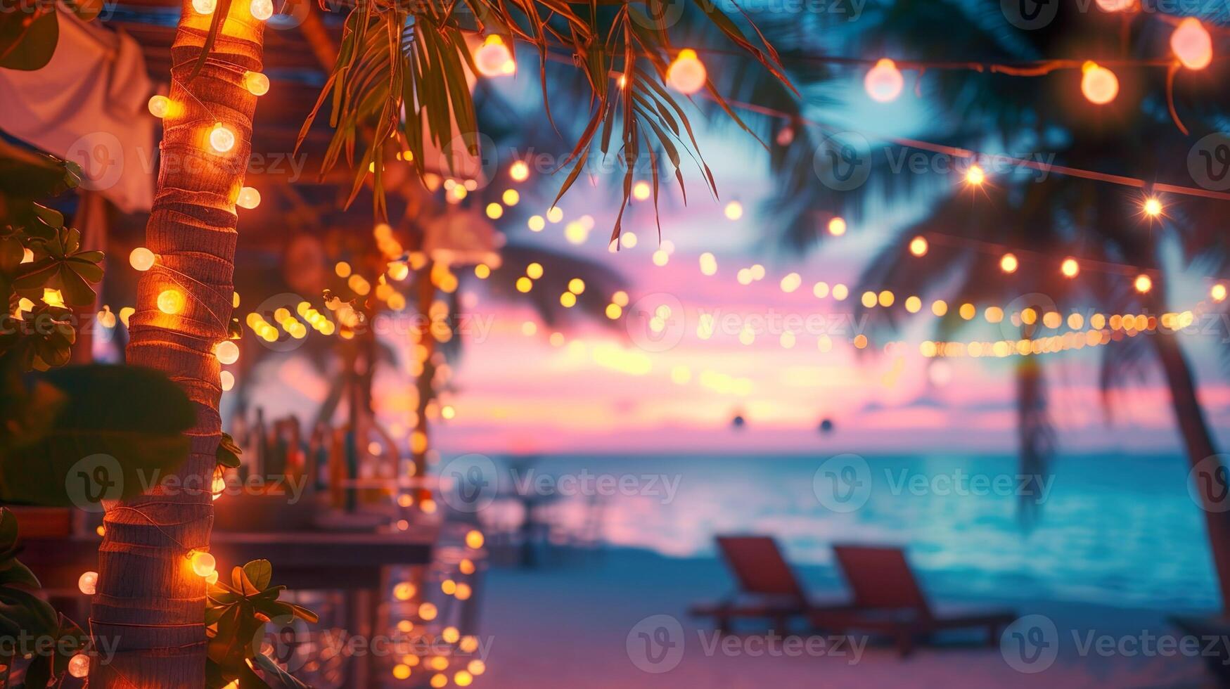 AI generated Blurred dusk beach bar background. Chairs, palm trees, warm string lights, with ocean waves and a colorful sky. photo