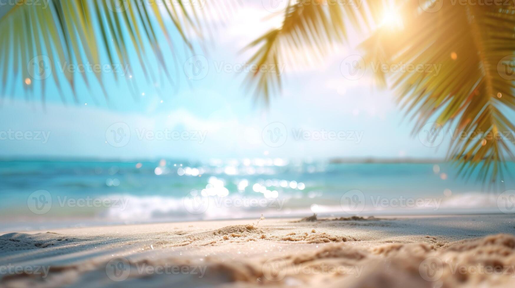 AI generated Blurred beach scene background. Golden sand, turquoise water, and a soft clouds sky, framed by the silhouetted fronds of an overhanging palm tree. photo
