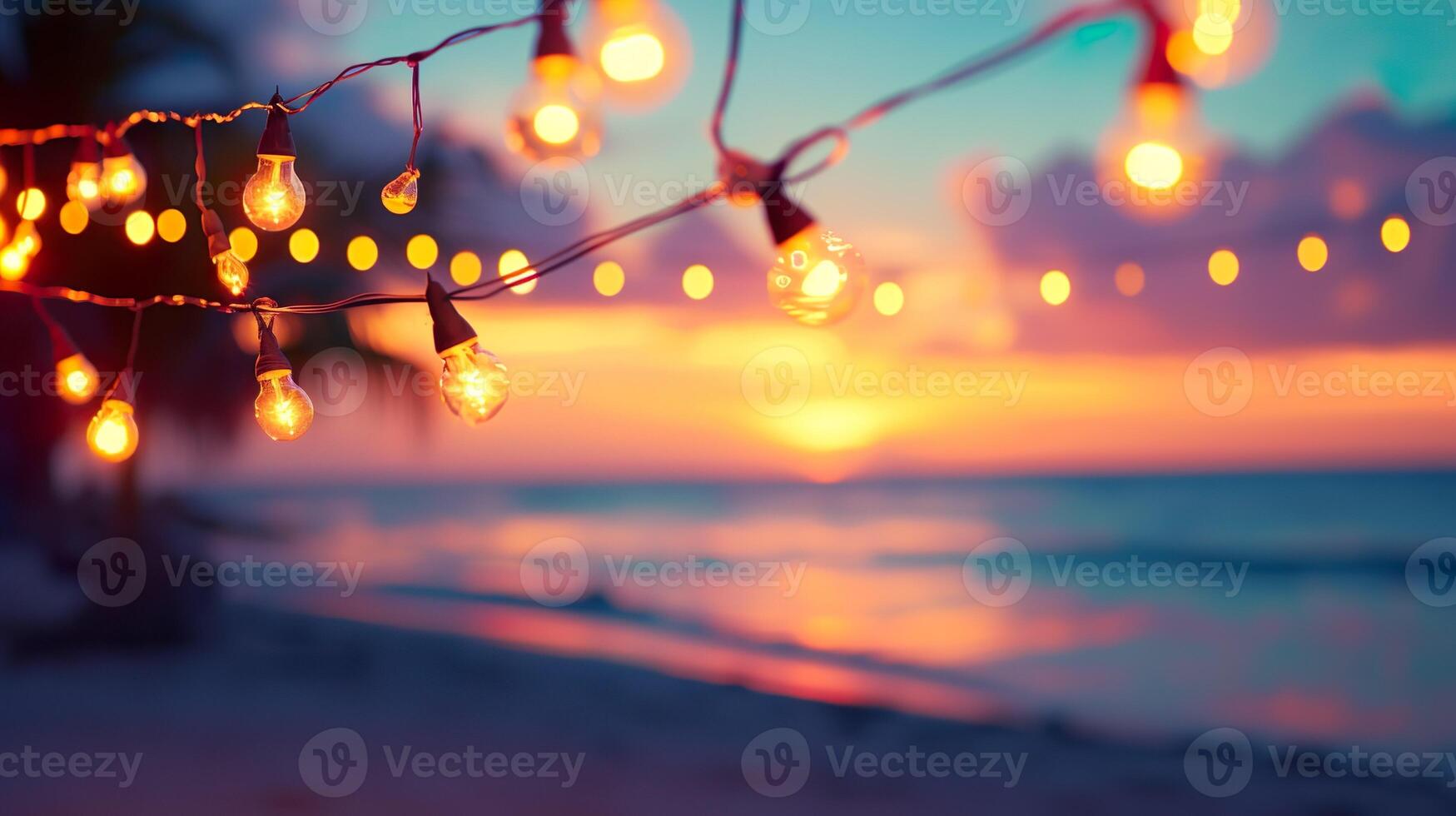 AI generated Blurred beach scene background with warm string lights and garlands. Beach bar at evening. Tranquil waves and a colorful sky. photo