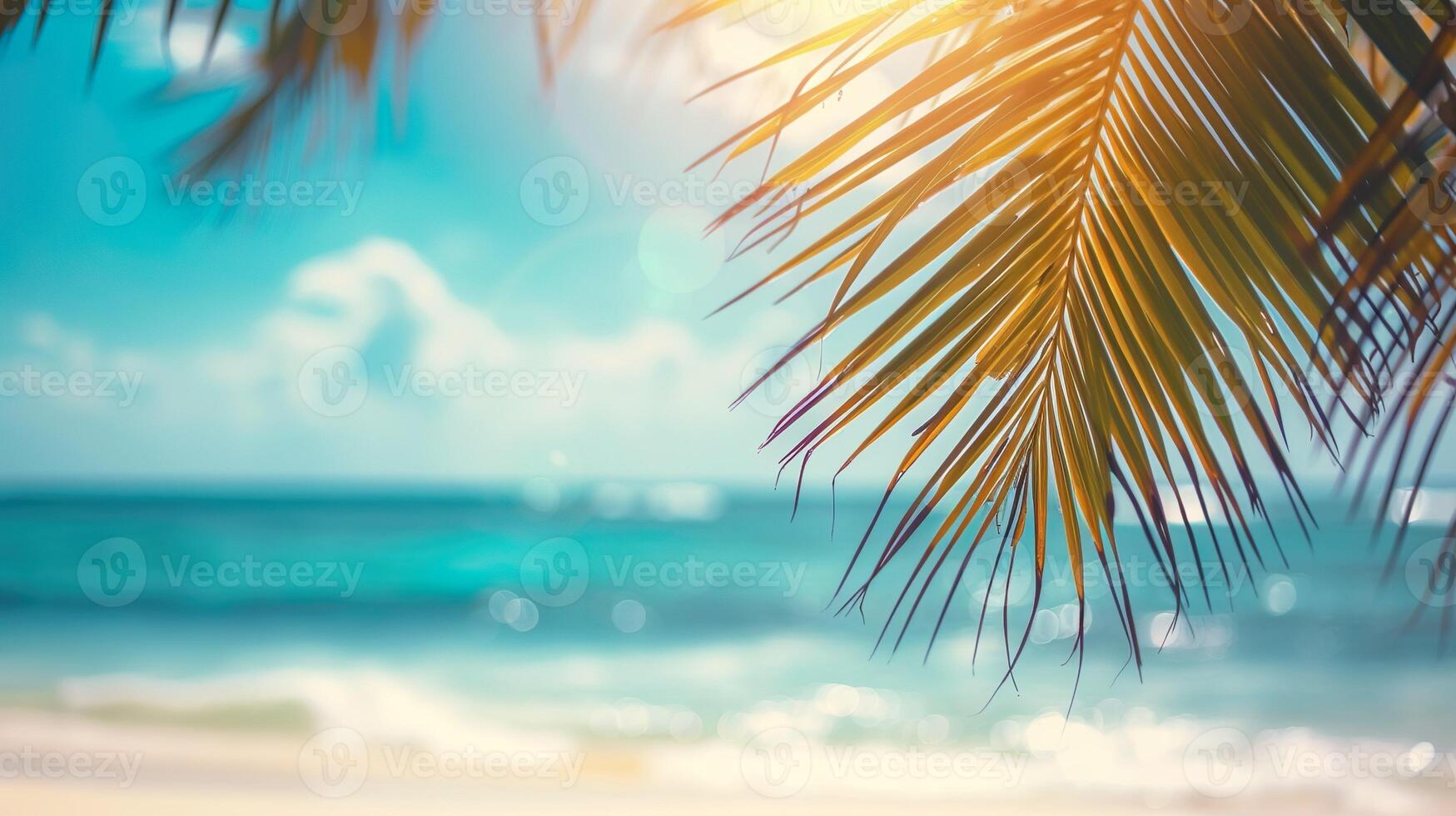 AI generated Blurred beach scene background with sunlight. Sharp palm leaves against a blurred ocean and sky backdrop, Warm tropical glow. photo