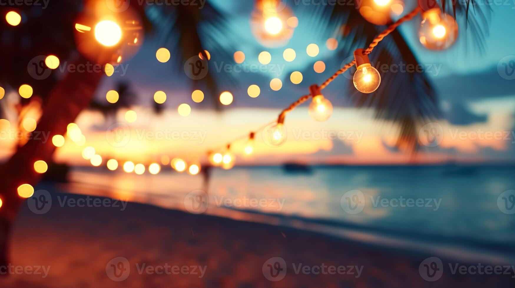 AI generated Blurred beach scene background with warm string lights and garlands. Beach bar at evening. Tranquil waves and a colorful sky. photo