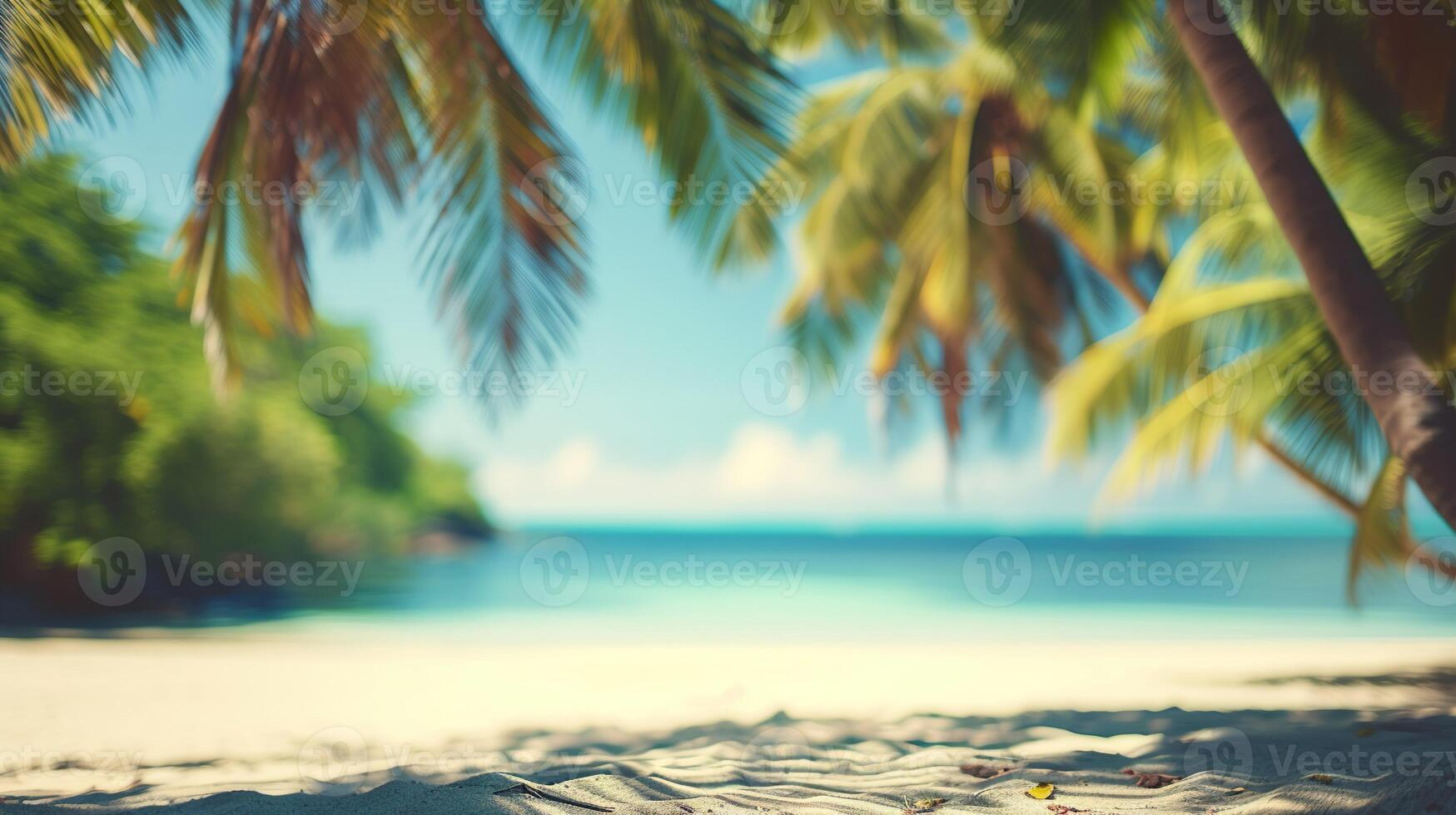 AI generated Blurred beach scene background. Golden sand, turquoise water, and a soft clouds sky, framed by the silhouetted fronds of an overhanging palm tree. photo