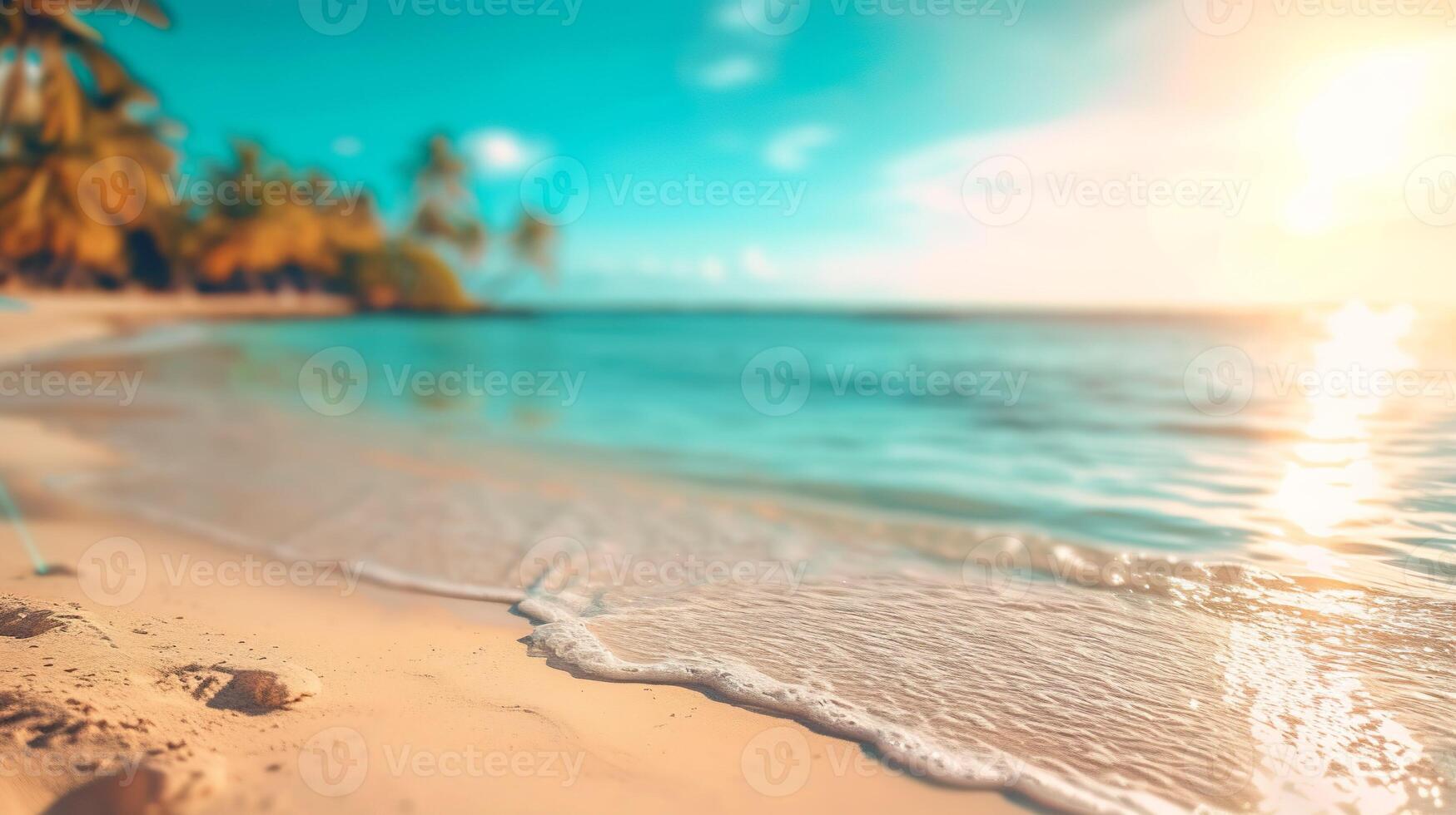 AI generated Blurred beach scene background. Golden sand, turquoise water, and a soft clouds sky, framed by the silhouetted fronds of an overhanging palm tree. photo