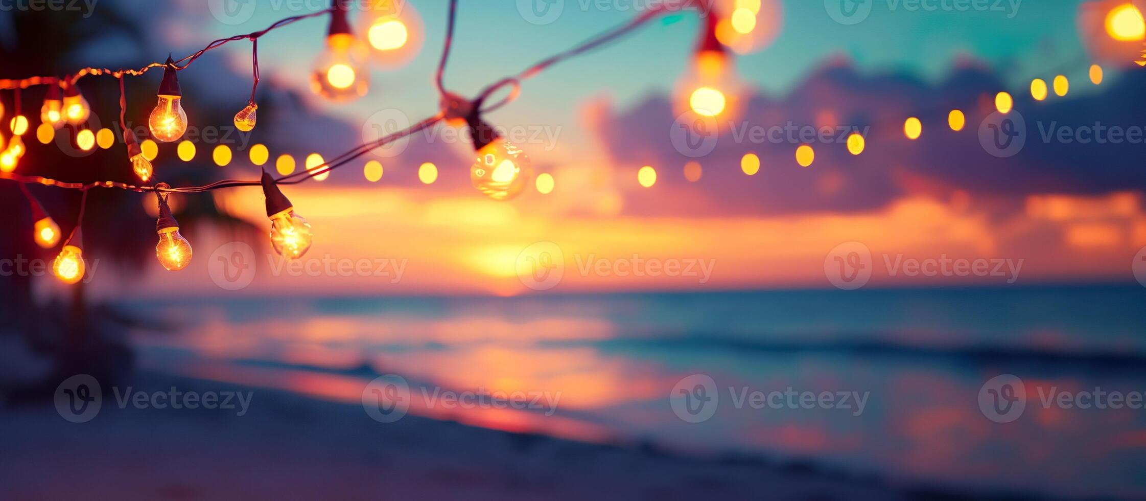 AI generated Blurred beach scene background with warm string lights and garlands. Beach bar at evening. Tranquil waves and a colorful sky. photo