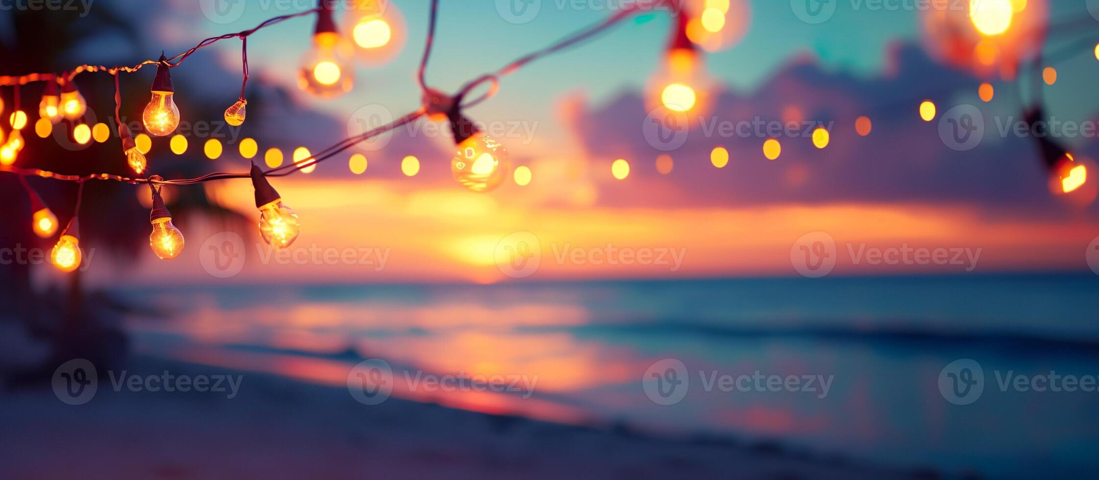 AI generated Blurred beach scene background with warm string lights and garlands. Beach bar at evening. Tranquil waves and a colorful sky. photo