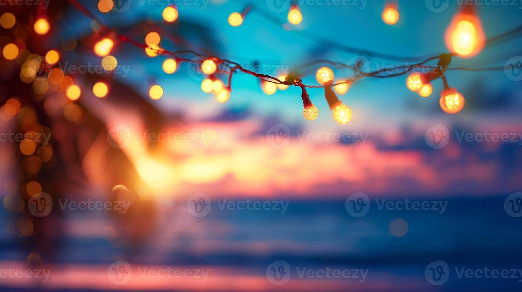 AI generated Blurred beach scene background with warm string lights and garlands. Beach bar at evening. Tranquil waves and a colorful sky. photo