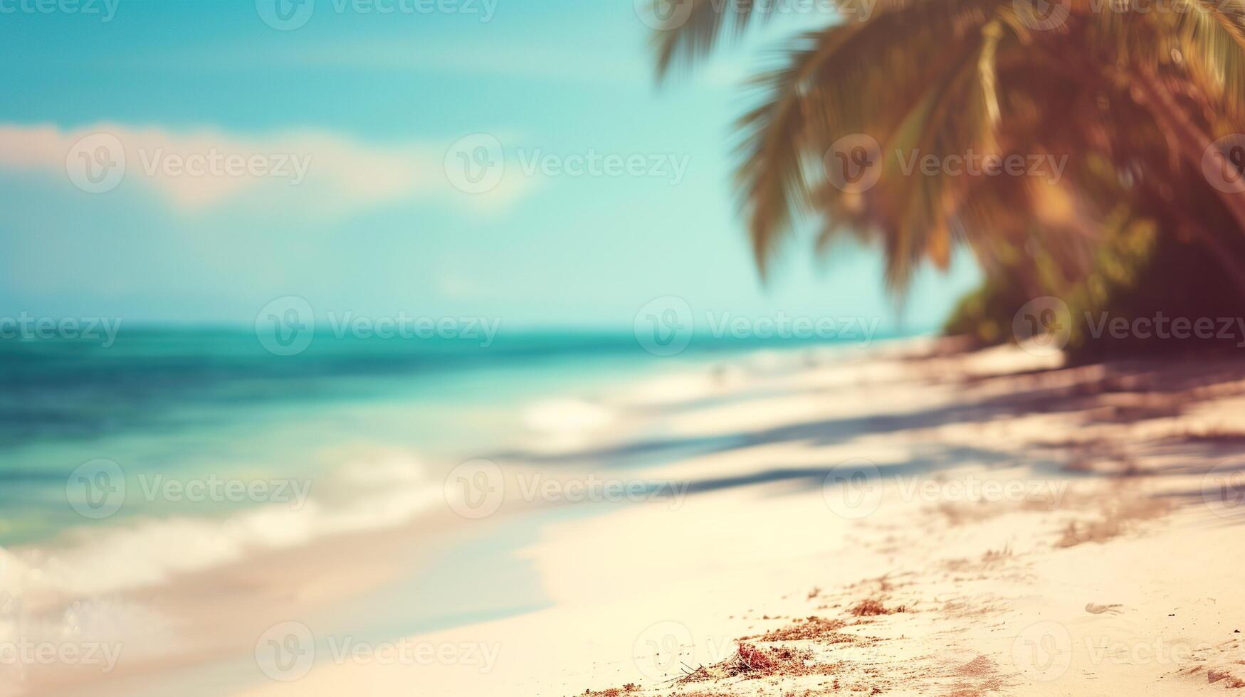 AI generated Blurred serene beach scene background. Gentle waves, sands, and palm trees under a clear sky. Calm and natural beauty. photo