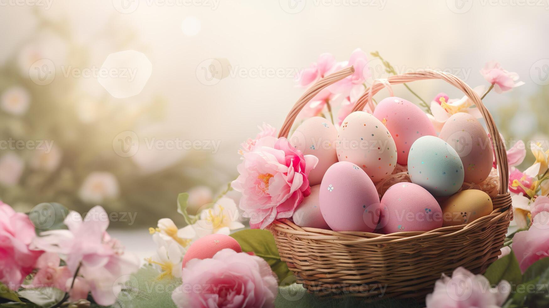 AI generated Beautiful pastel color Easter eggs and flowers in a basket with copy space. Colorful spring theme background. photo