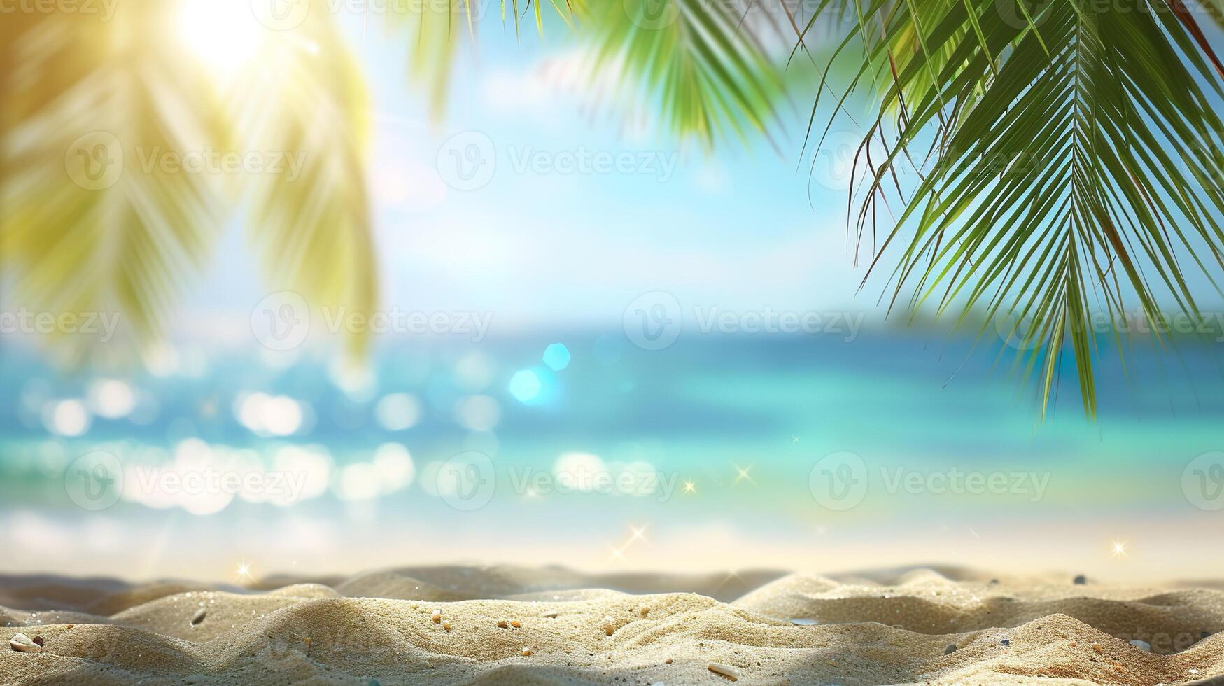 AI generated Blurred beach scene background. Golden sand, turquoise water, and a soft clouds sky, framed by the silhouetted fronds of an overhanging palm tree. photo