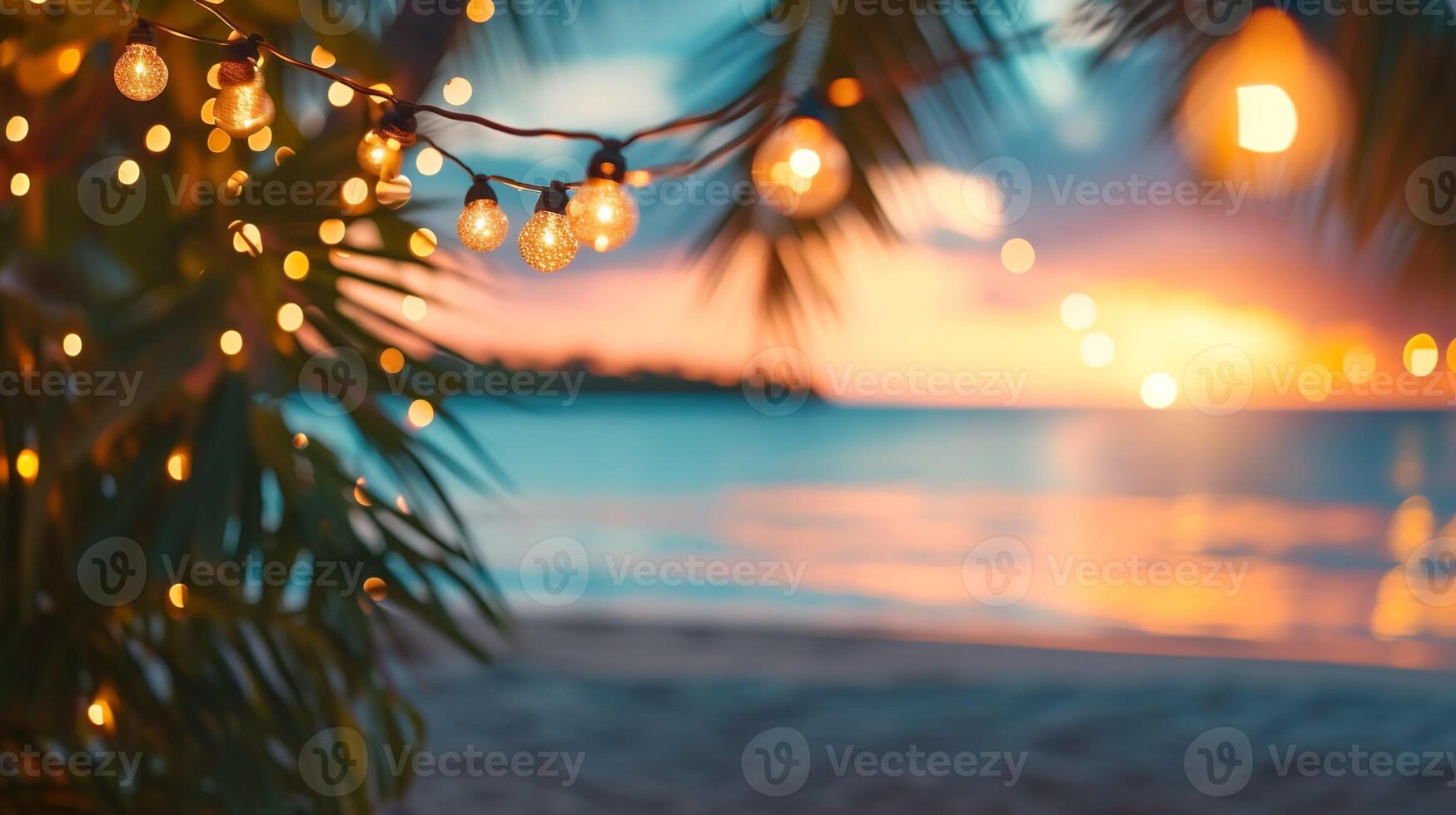 AI generated Blurred beach scene background with warm string lights and garlands. Palm trees, tranquil waves and a colorful sky. Beach bar at evening. photo