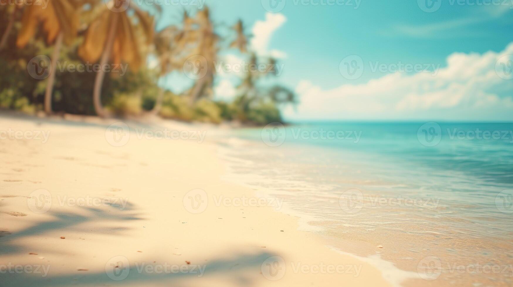 AI generated Blurred beach scene background. Golden sand, turquoise water, and a soft clouds sky, framed by the silhouetted fronds of an overhanging palm tree. photo