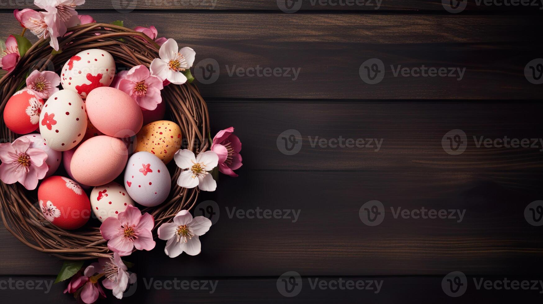 AI generated Beautiful bright color floral Easter eggs and flowers in a basket with copy space on a wooden table background. Colorful spring theme concept. photo