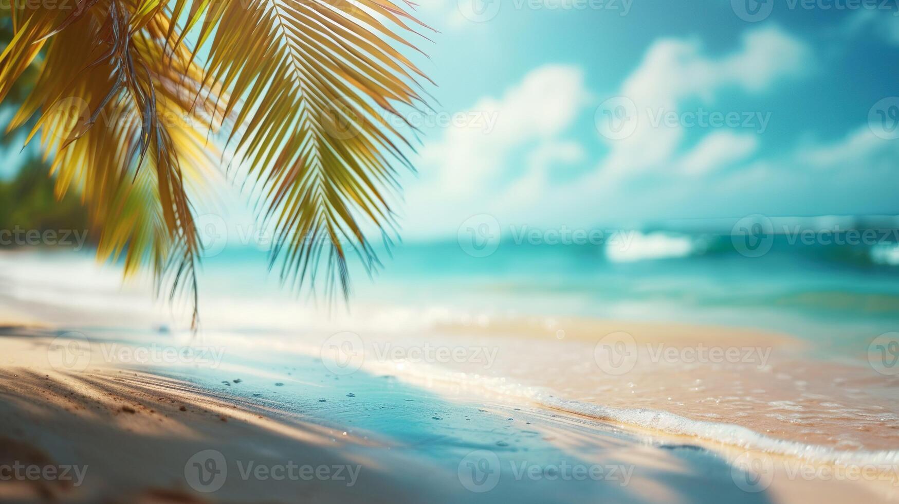 AI generated Blurred beach scene background. Golden sand, turquoise water, and a soft clouds sky, framed by the silhouetted fronds of an overhanging palm tree. photo