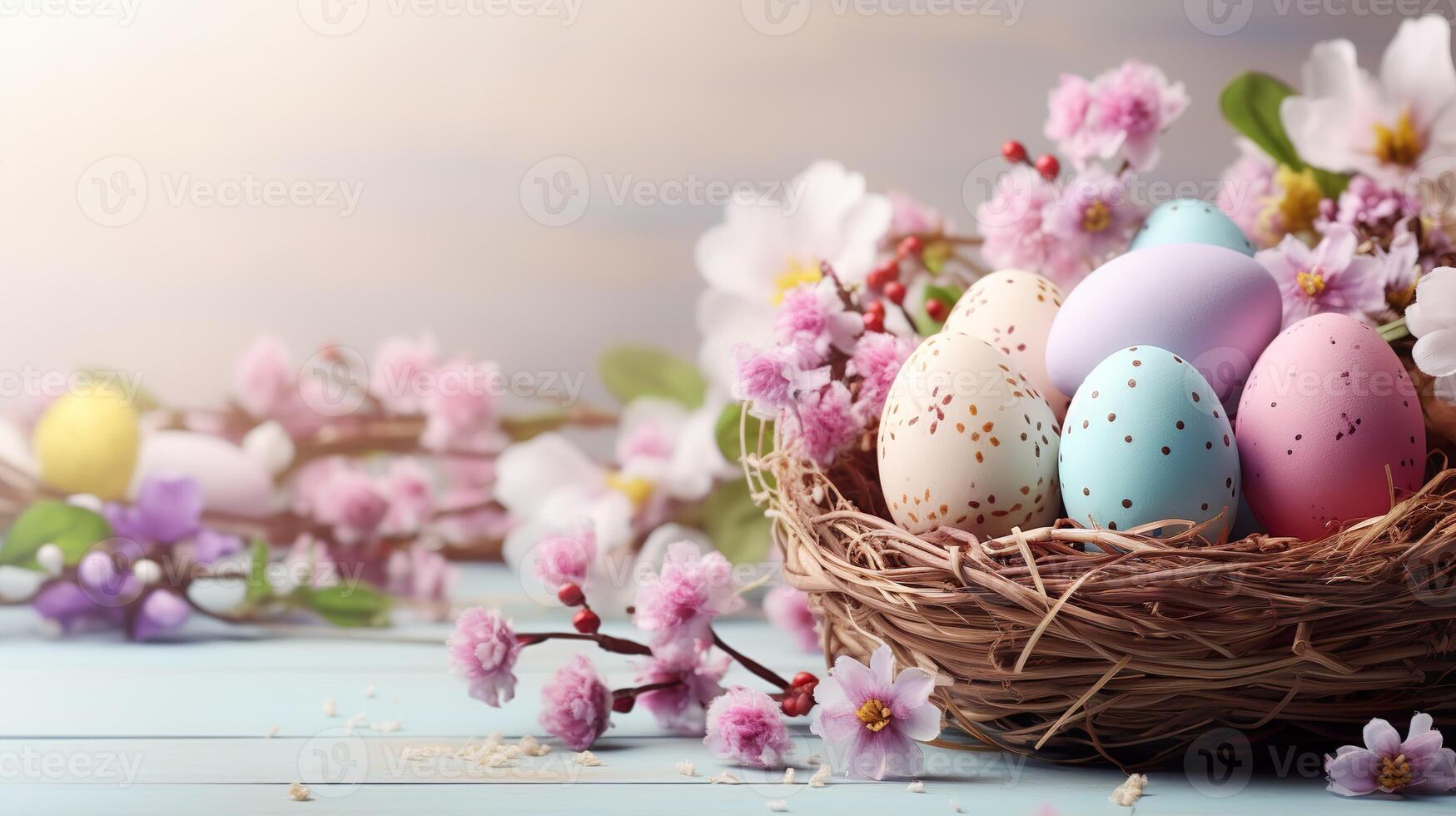 AI generated Beautiful pastel color Easter eggs and flowers in a basket with copy space. Colorful spring theme background. photo