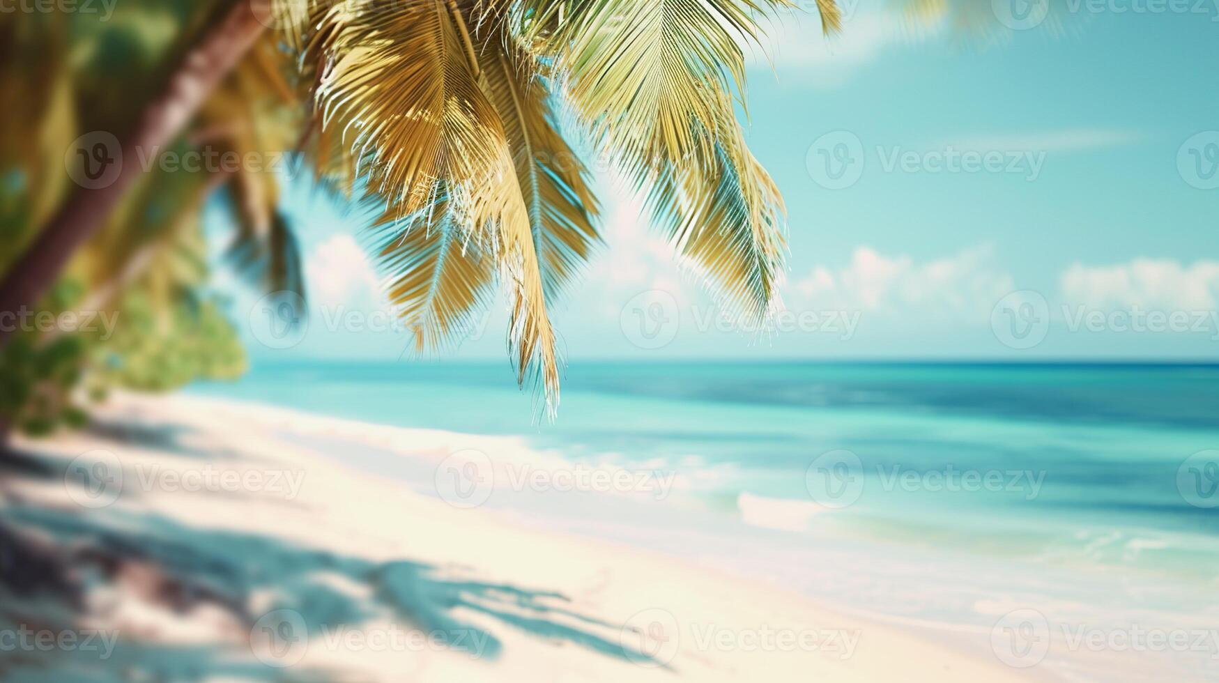 AI generated Blurred beach scene background. Golden sand, turquoise water, and a soft clouds sky, framed by the silhouetted fronds of an overhanging palm tree. photo