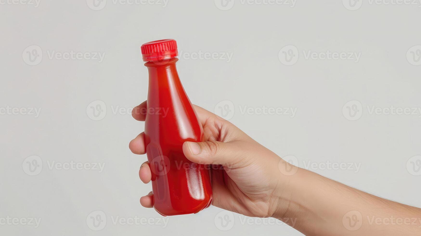 AI generated Hand holding ketchup bottle upside down and squeezing on white background photo