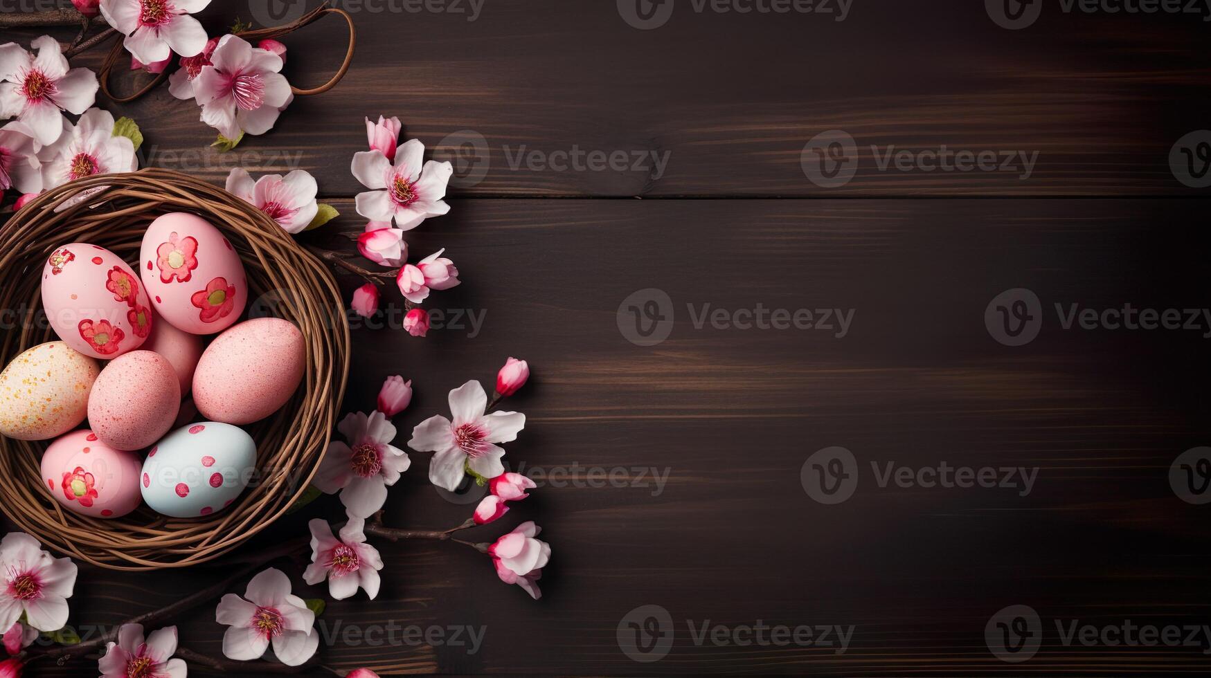 AI generated Beautiful bright color floral Easter eggs and flowers in a basket with copy space on a wooden table background. Colorful spring theme concept. photo