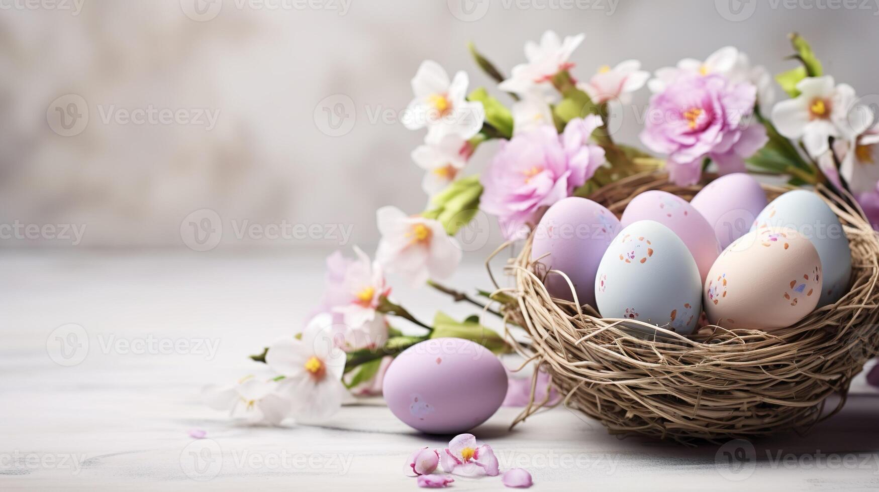 AI generated Beautiful pastel color Easter eggs and flowers in a basket with copy space. Colorful spring theme background. photo