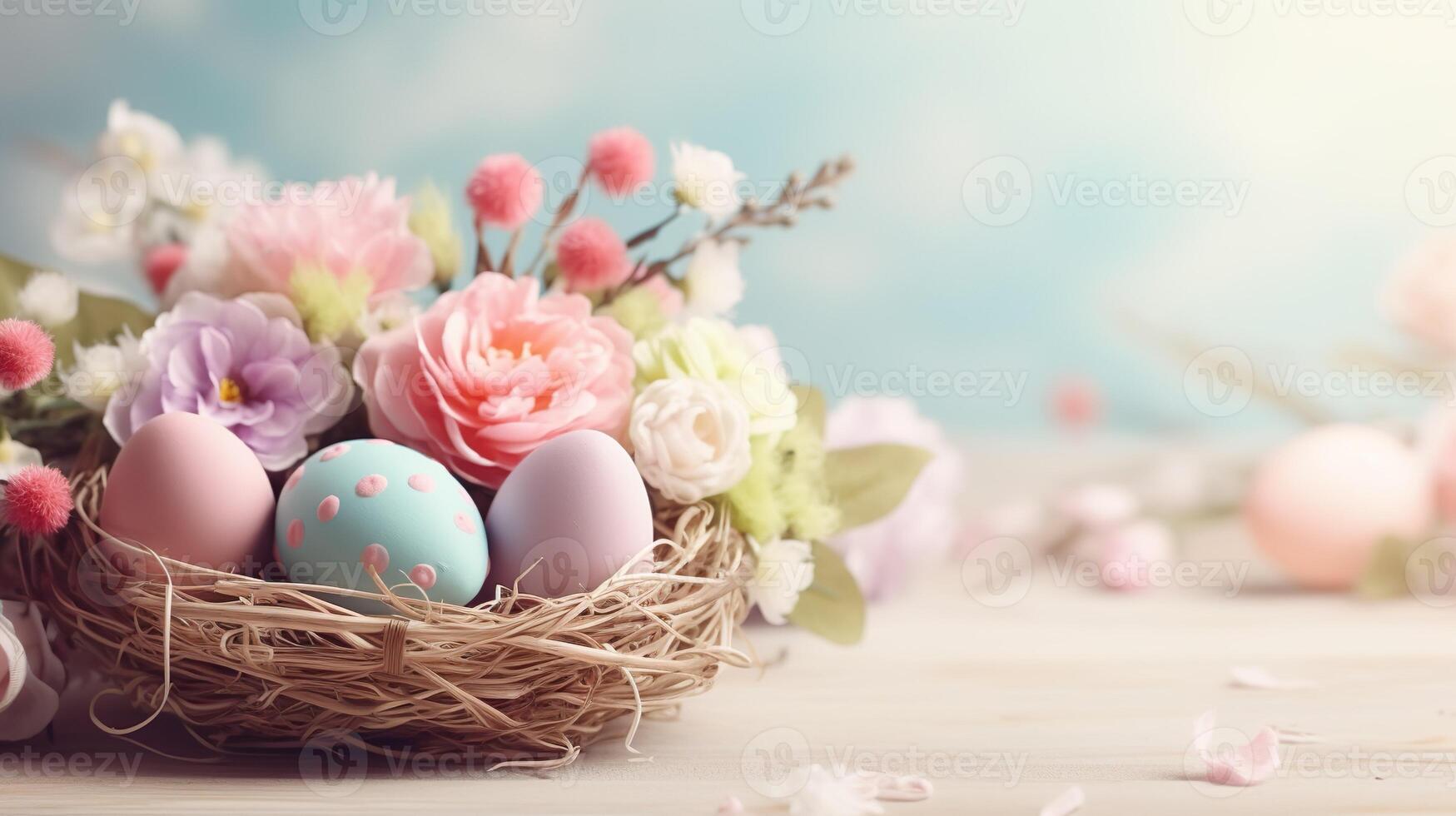 AI generated Bright color floral Easter eggs and flowers in a basket with copy space. Colorful spring theme concept for greeting cards, ads, presentation. photo