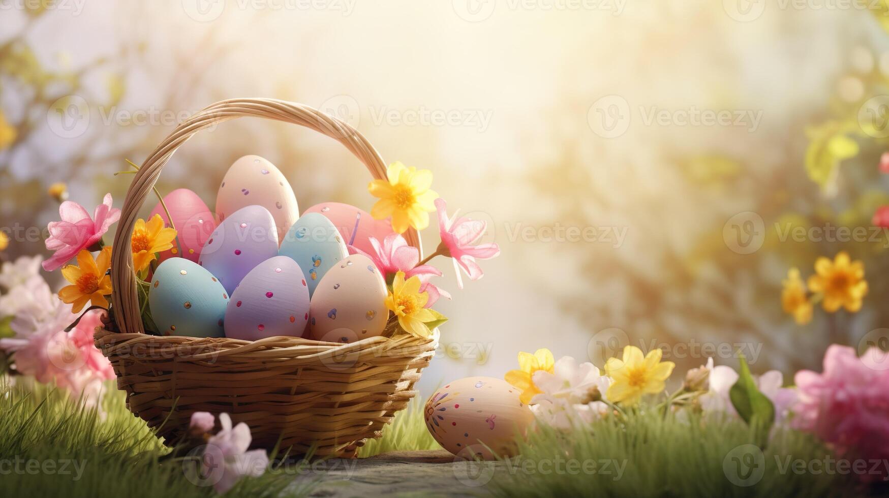 AI generated Beautiful pastel color Easter eggs and flowers in a basket with copy space. Colorful spring theme background. photo