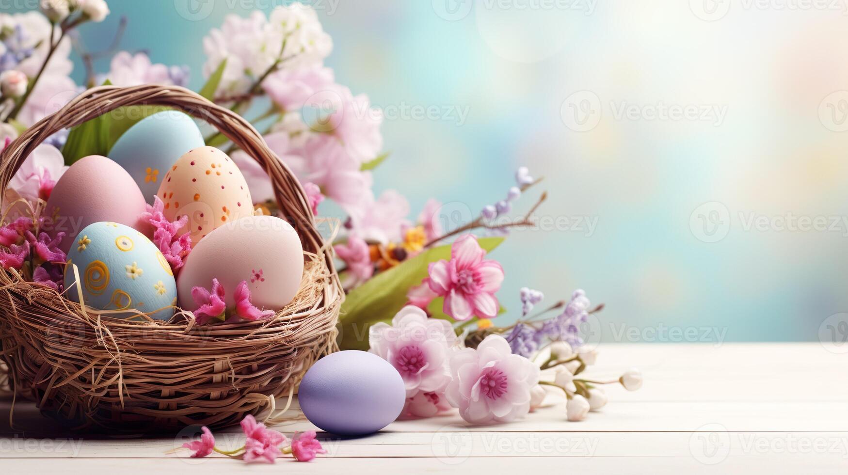 AI generated Beautiful pastel color Easter eggs and flowers in a basket with copy space. Colorful spring theme background. photo