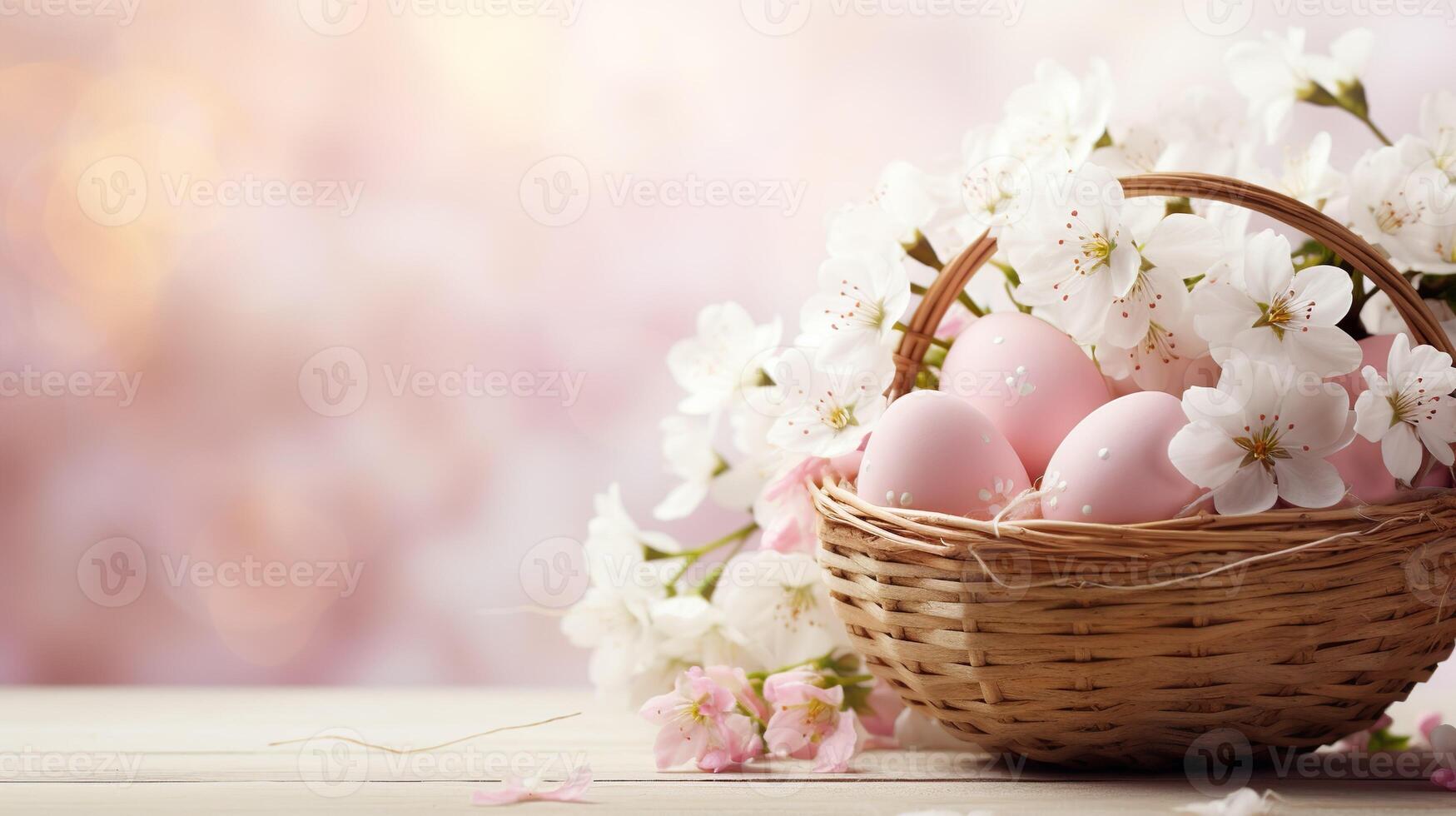 AI generated Beautiful pastel color Easter eggs and flowers in a basket with copy space. Colorful spring theme background. photo
