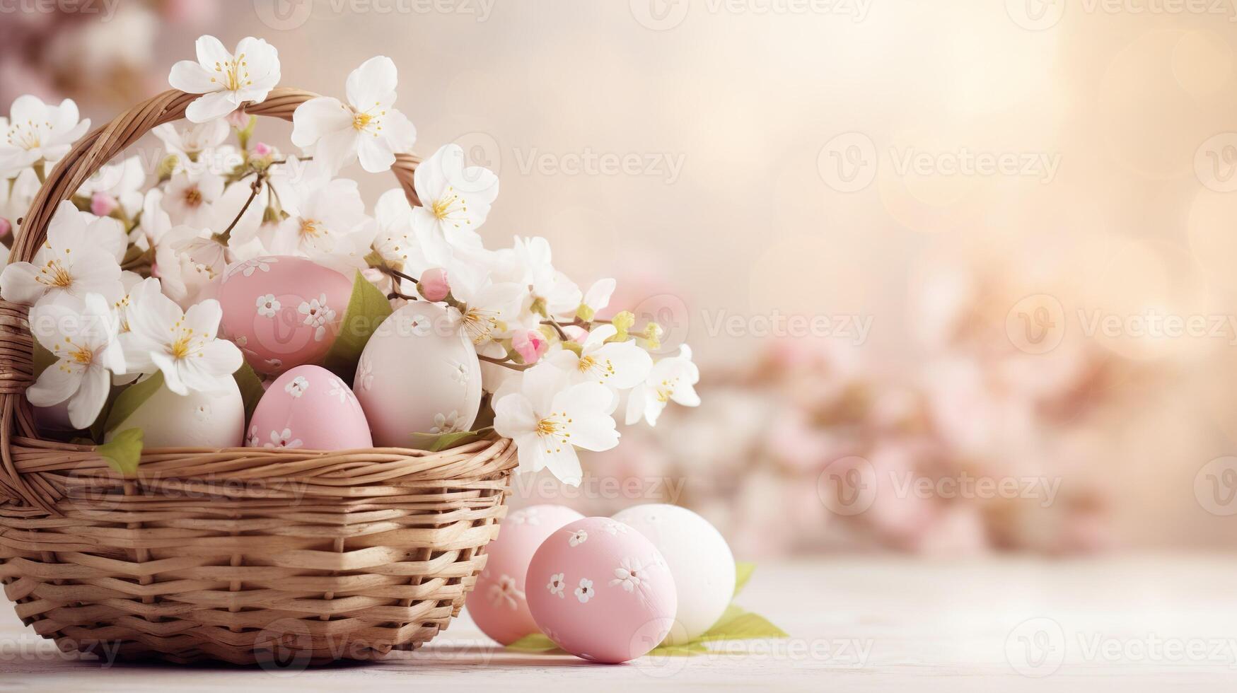 AI generated Beautiful pastel color Easter eggs and flowers in a basket with copy space. Colorful spring theme background. photo
